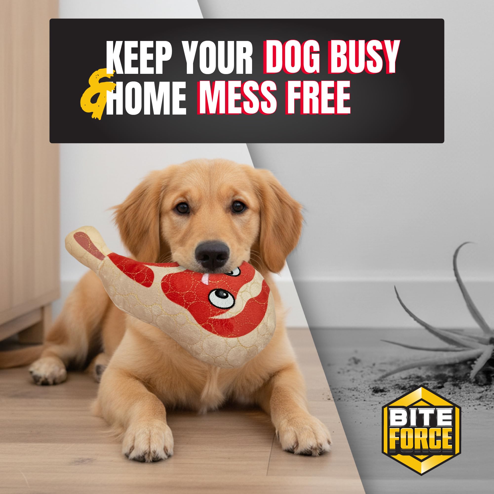 Bite Force - Durable & Strong Dog Toy Ribby with Squeaker, Kevlar-Reinforced Seams for Aggressive chewers- Red.