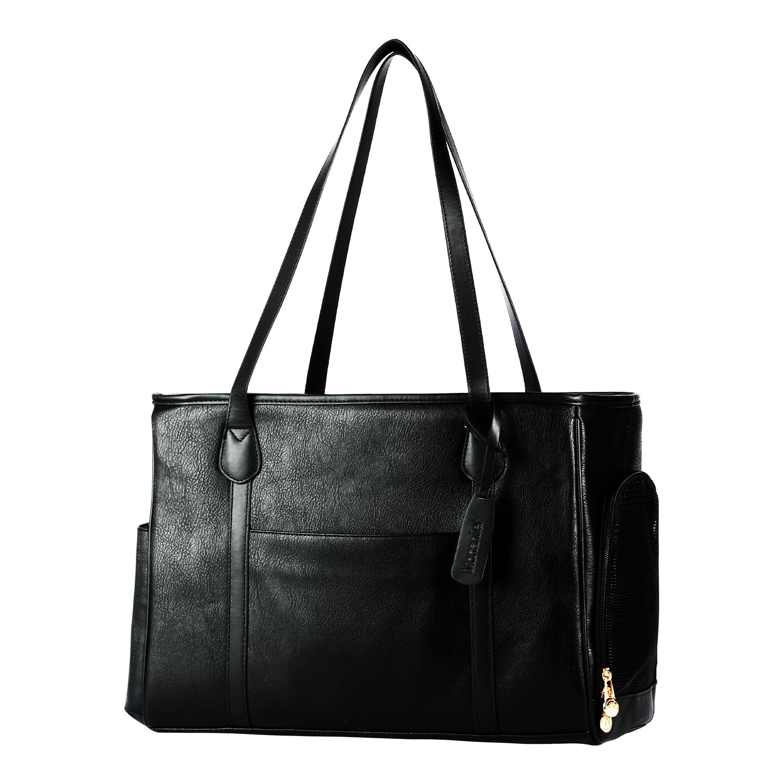 Monanller Stylish Dog Purse Carrier, Leather Pet Carrier Bag For Small Dogs Cats Puppy, Airline Approved Soft-Sided Carrier Blac