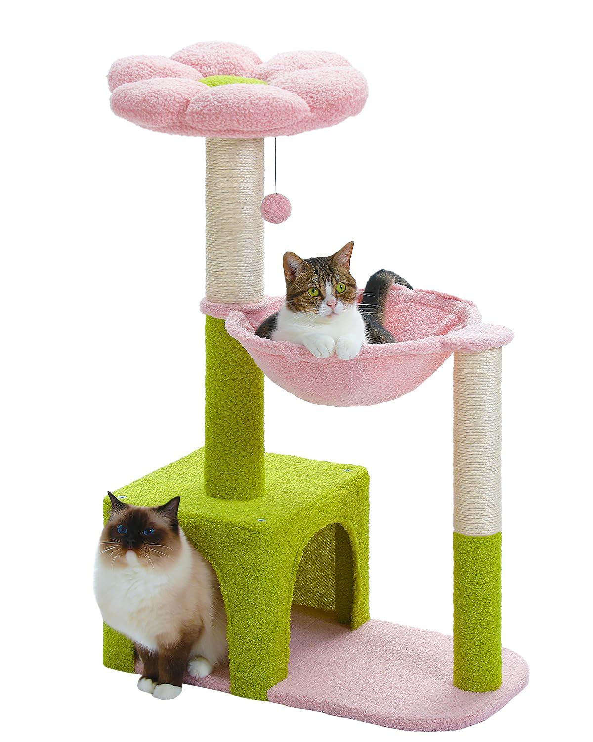 Muttros Flower Cat Tree With Large Metal Frame Hammock, 35'' Cute Cat Tower With Sisal Scratching Posts For Small Indoor Cats, C