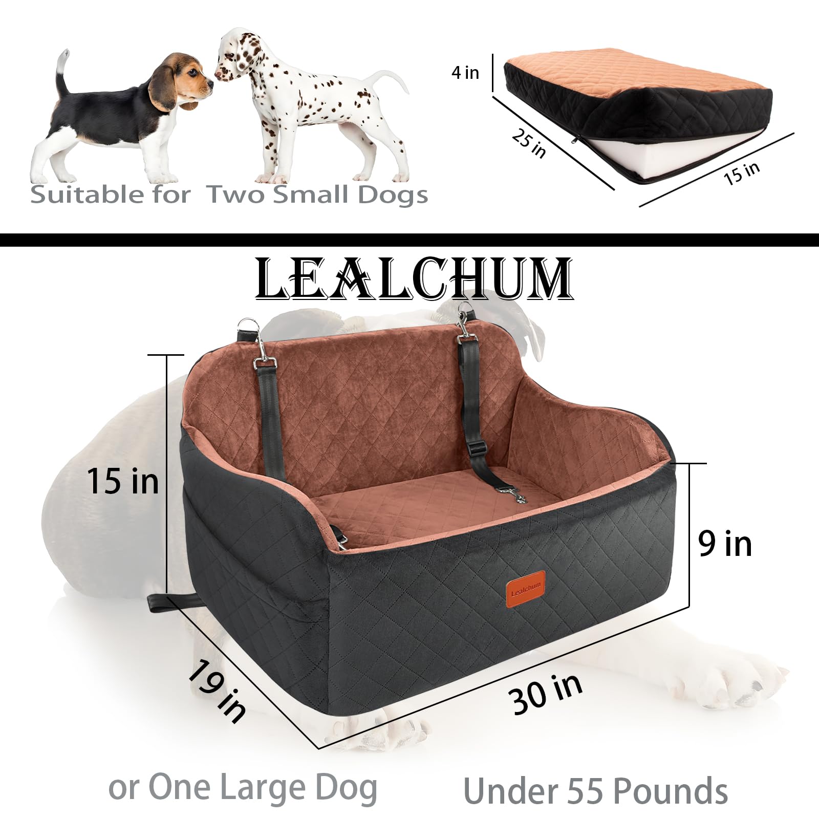 Lealchum Dog Car Seat for Large Size Dog,Soft Fabric Car Dog Bed Filling Memory Foam,2 Clip-On Safety Leashs and 2 Pockets,Remov