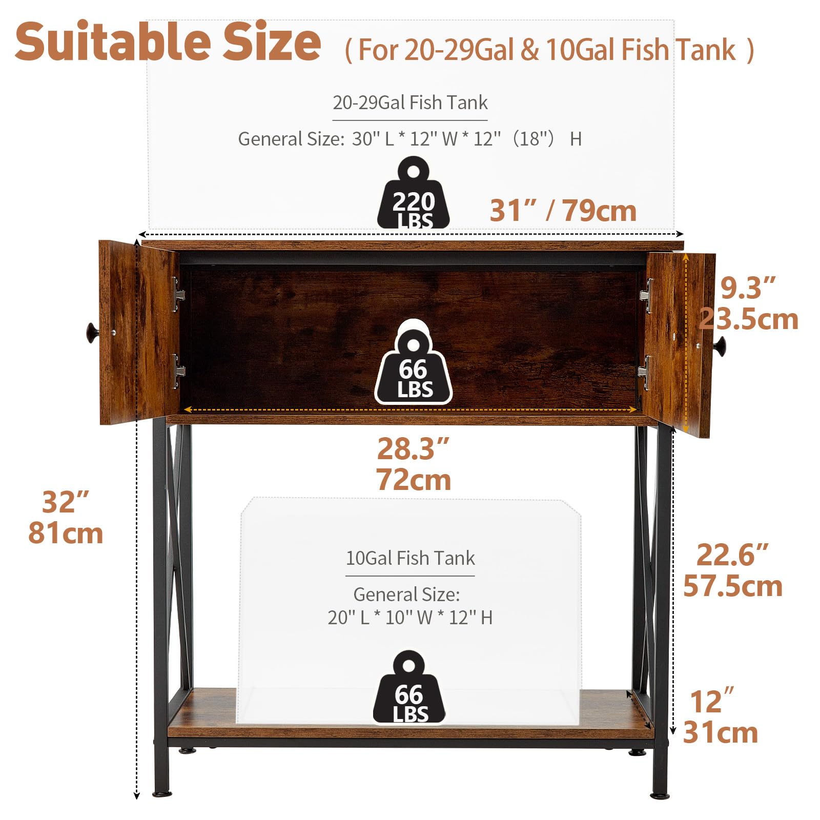 LAQUAL 20-29 Gallon Aquarium Stand with Cabinet, 20 Gallon Long Fish Tank Stand with 31L * 12W Tabletop, Double Heavy Metal