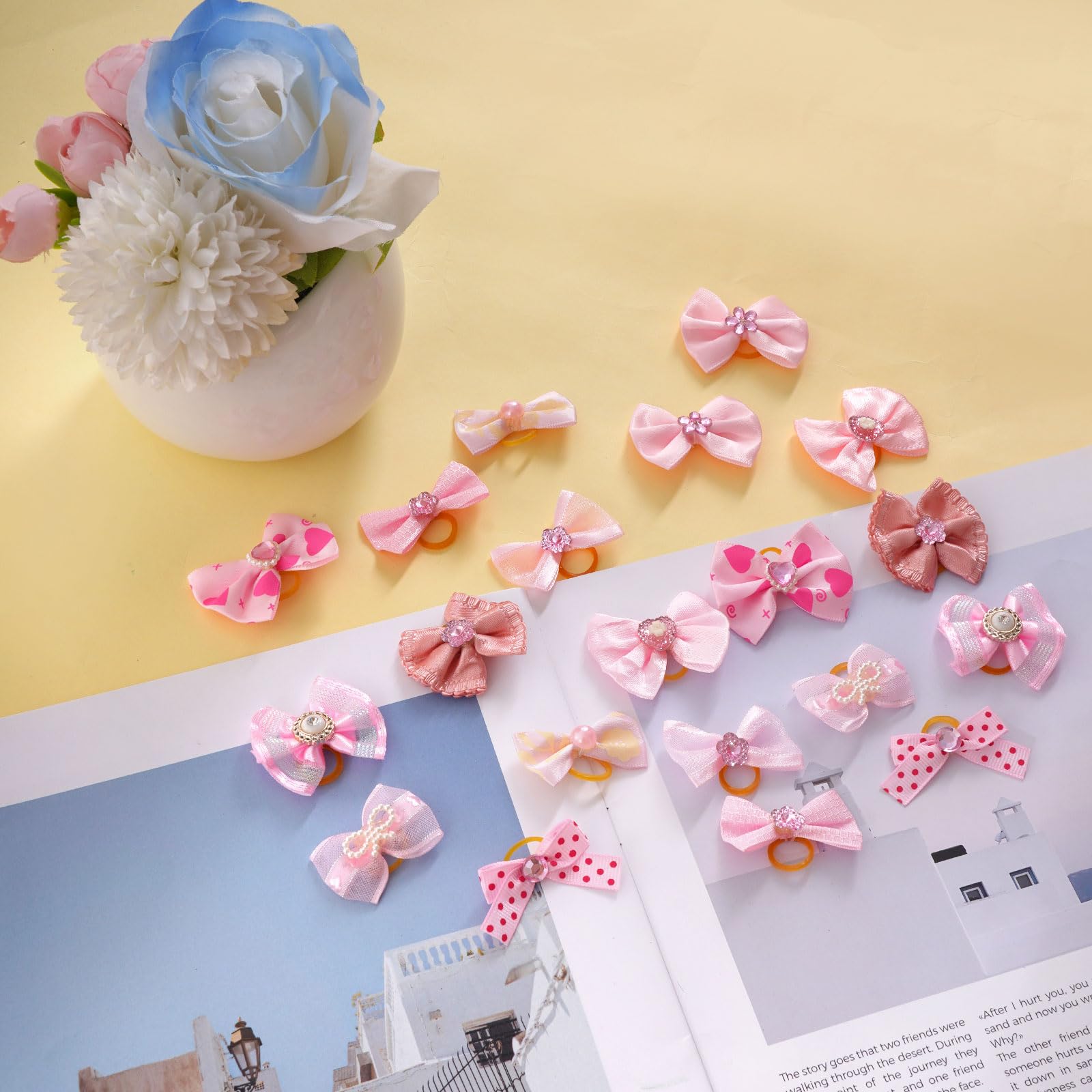 20 Pcs Cute Dog Hair Bows With Rubber Bands Elastic Handmade Mix Style Lace Rhinestone Pearls For Furry Puppy Cat Pet Girl(Novel