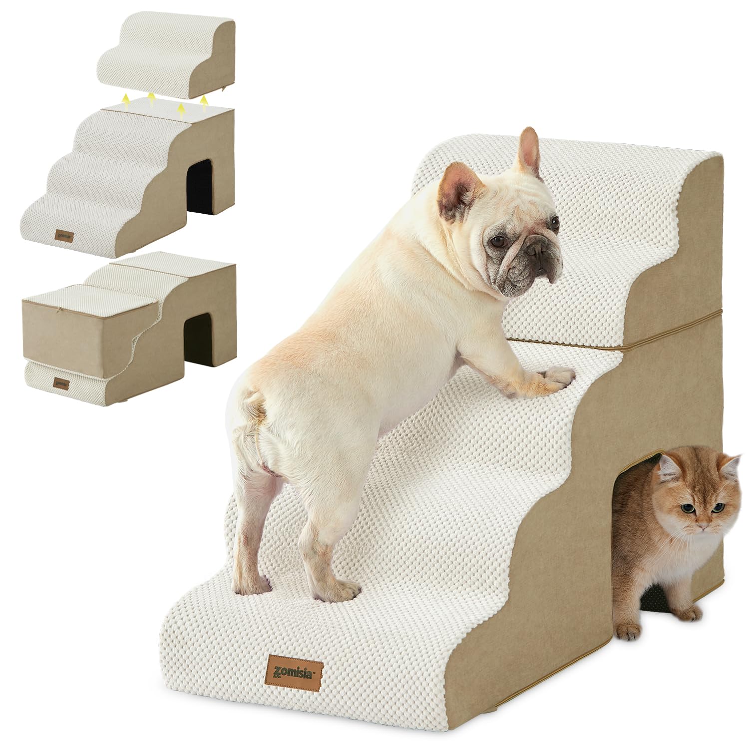 ZOMISIA Dog Steps for High Beds - 5 Step 23.8 Pet Stairs with Tunnel 2 in 1 with Zippers Suitable for Small Dogs and Cats, Indoo