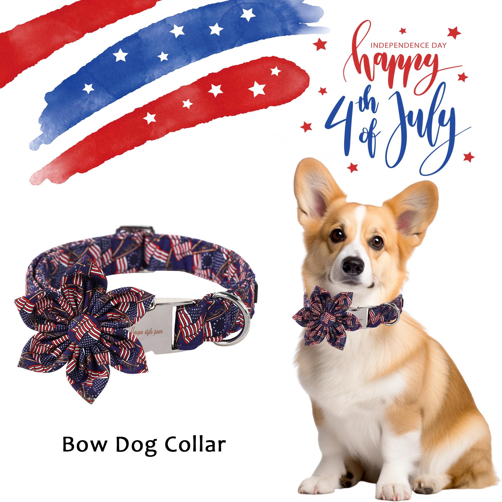 Unique Style Paws 4Th Of July Dog Collar With Bow American Flag Dogs Collar With Bow Tie Adjustable Patriotic Dog Collars For Sm