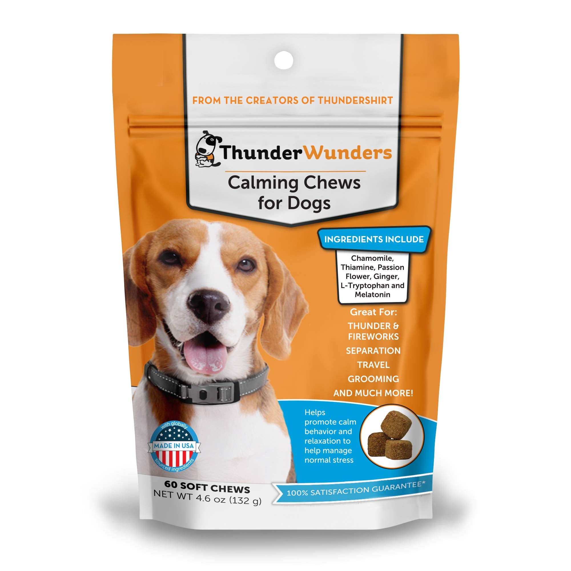 ThunderBites Dog Calming Chews, Thiamine, L-Tryptophan, Melatonin and Ginger, Can Help Relieve Stress from Separation, Storms, F