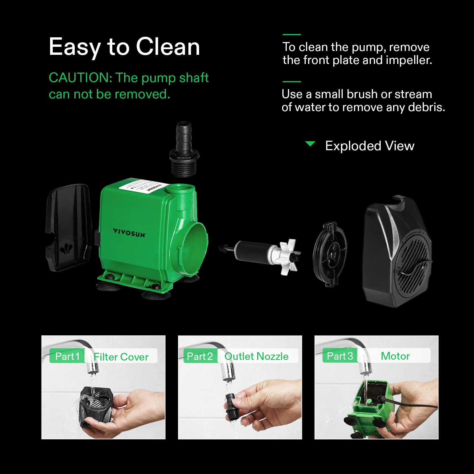 Vivosun 800Gph Submersible Pump(3000L/H, 24W), Ultra Quiet Water Fountain Pump With 10Ft. High Lift With 6.5Ft. Power Cord, 3 Nozzles For Fish Tank, Pond, Aquarium, Statuary, Hydroponics Green