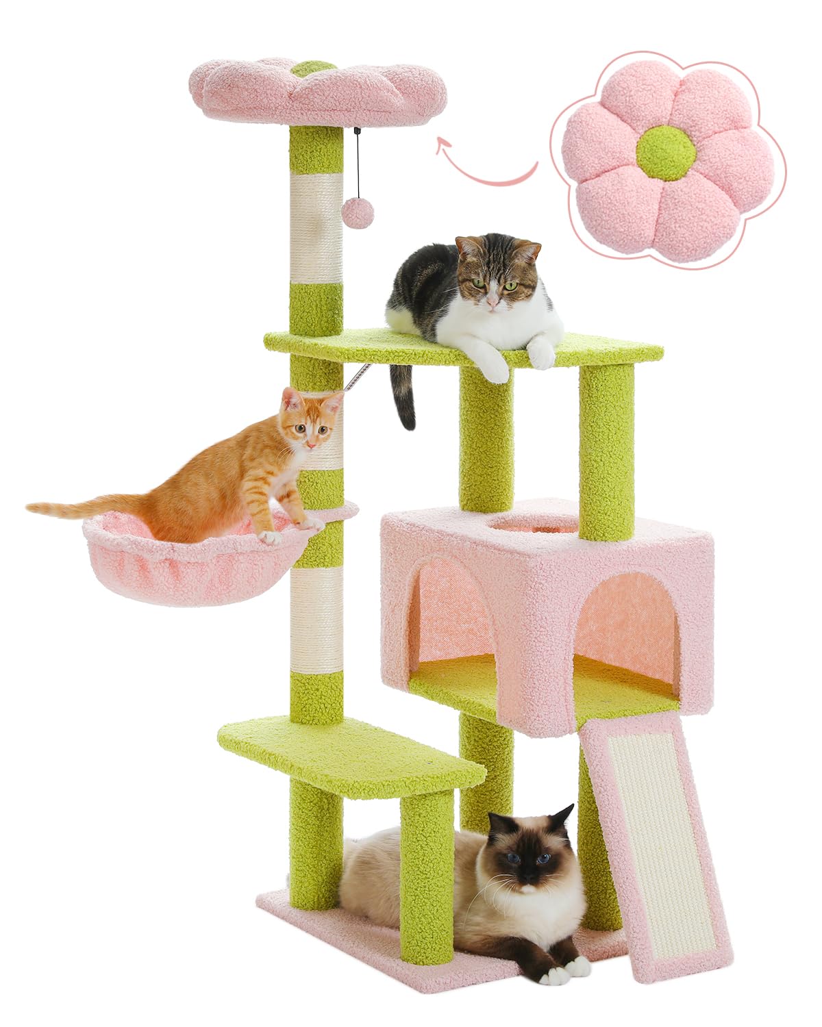 Muttros Flower Cat Tree 47.2' Multi-Level Cat Tower With Sisal Covered Scratching Posts, Cute Cat Condo For Indoor Small Medium