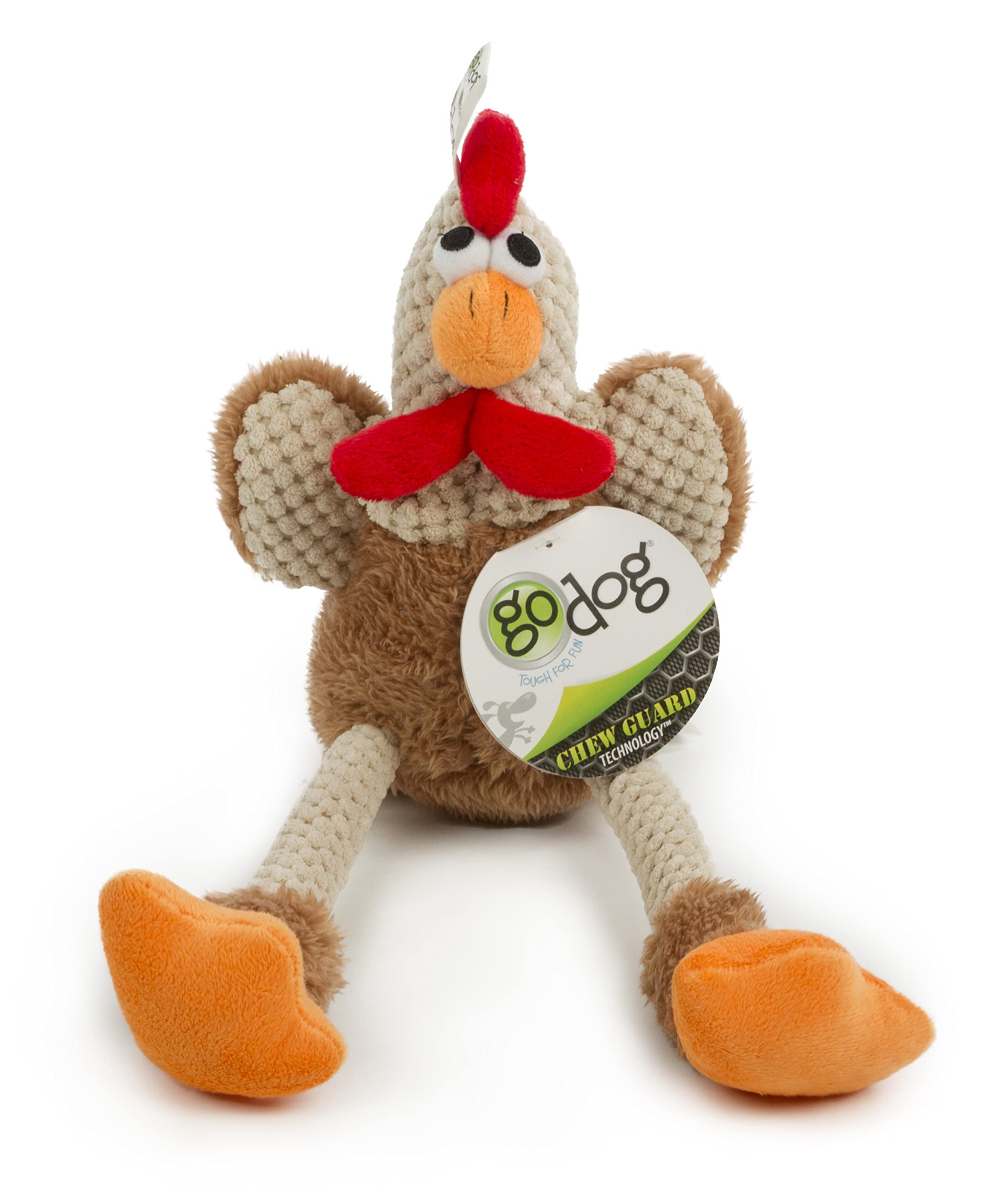 goDog Checkers Skinny Rooster Squeaky Plush Dog Toy - Chew Guard Technology, Brown, Small Size