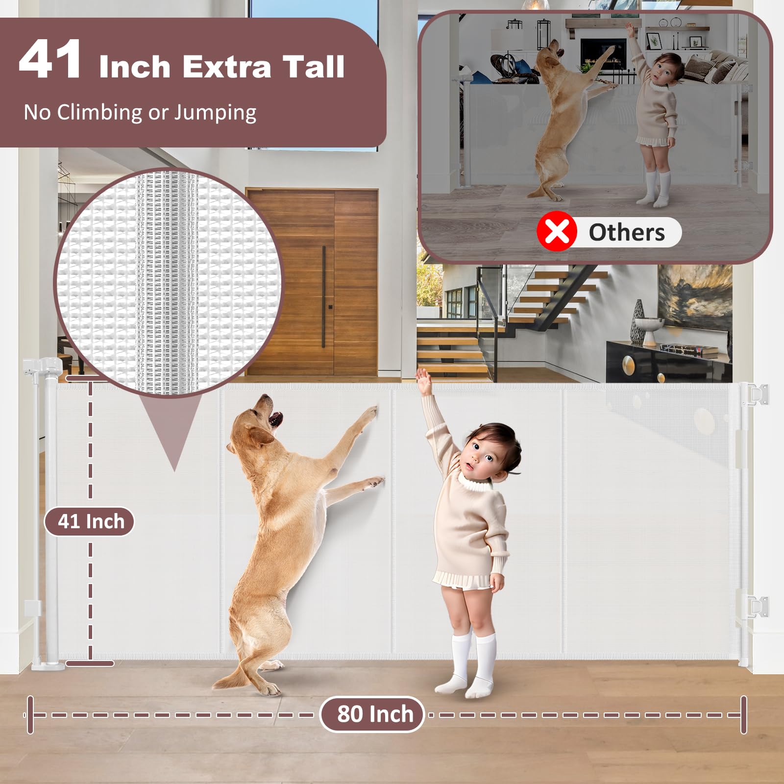 Reinforced 41 Inch Extra Tall Retractable Dog Gate 80 Inch Extra Wide Baby Gate with Support Rods - Prevents Crawling Under, Ind