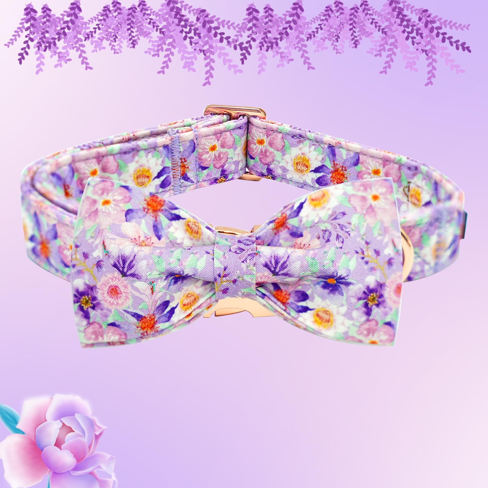 Elegant little tail Dog Collar, Rose Print Pet Collar Summer Dog Collar Durable Metal Buckle Dog Collars Cotton Pet Adjustable D