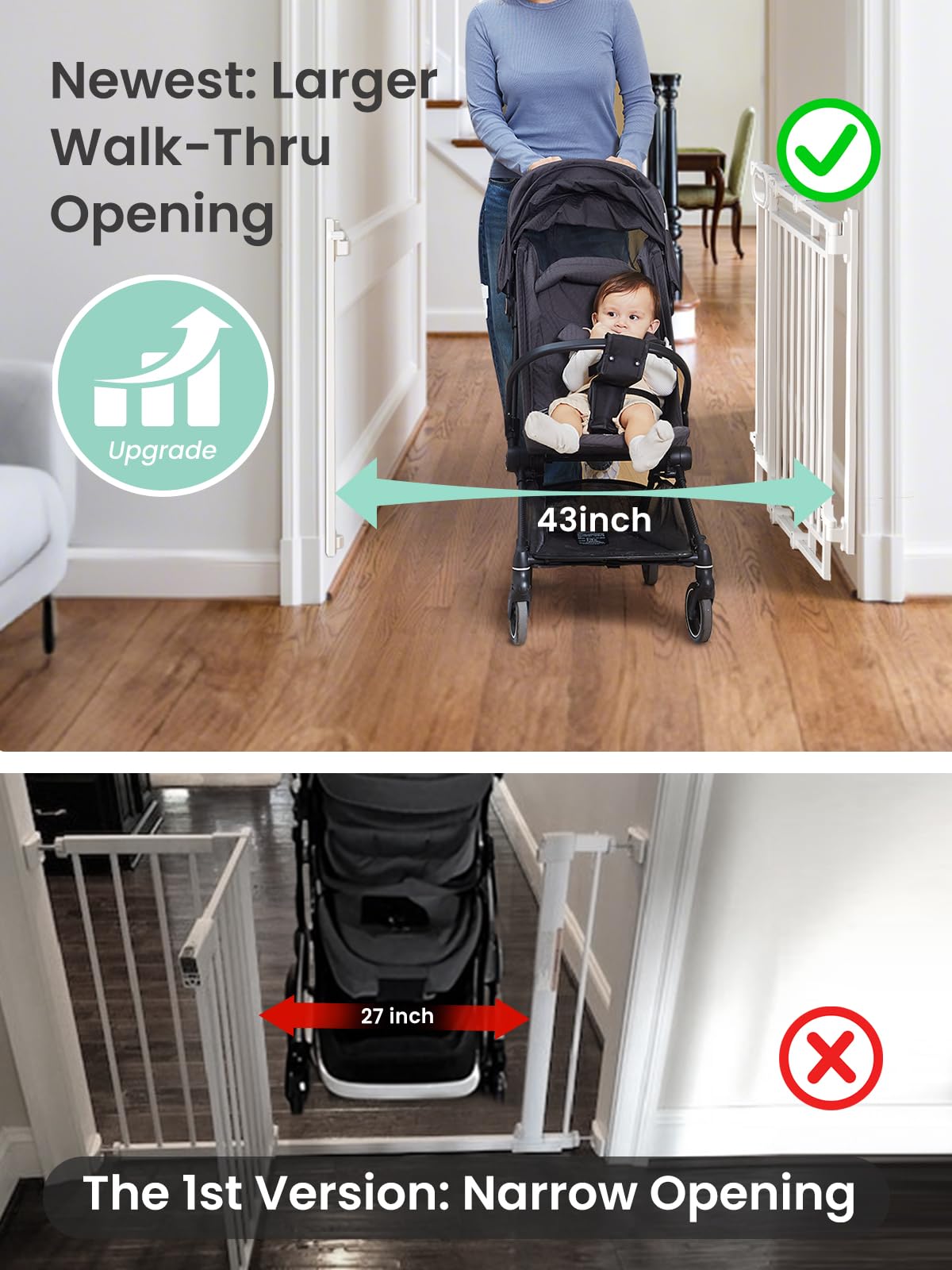 Grownsy Baby Gate for Stairs- No Bottom Bar, Adjustable Width 29.8    to 43.5    for Child and Pet, Dog Gate with Auto-Close & O