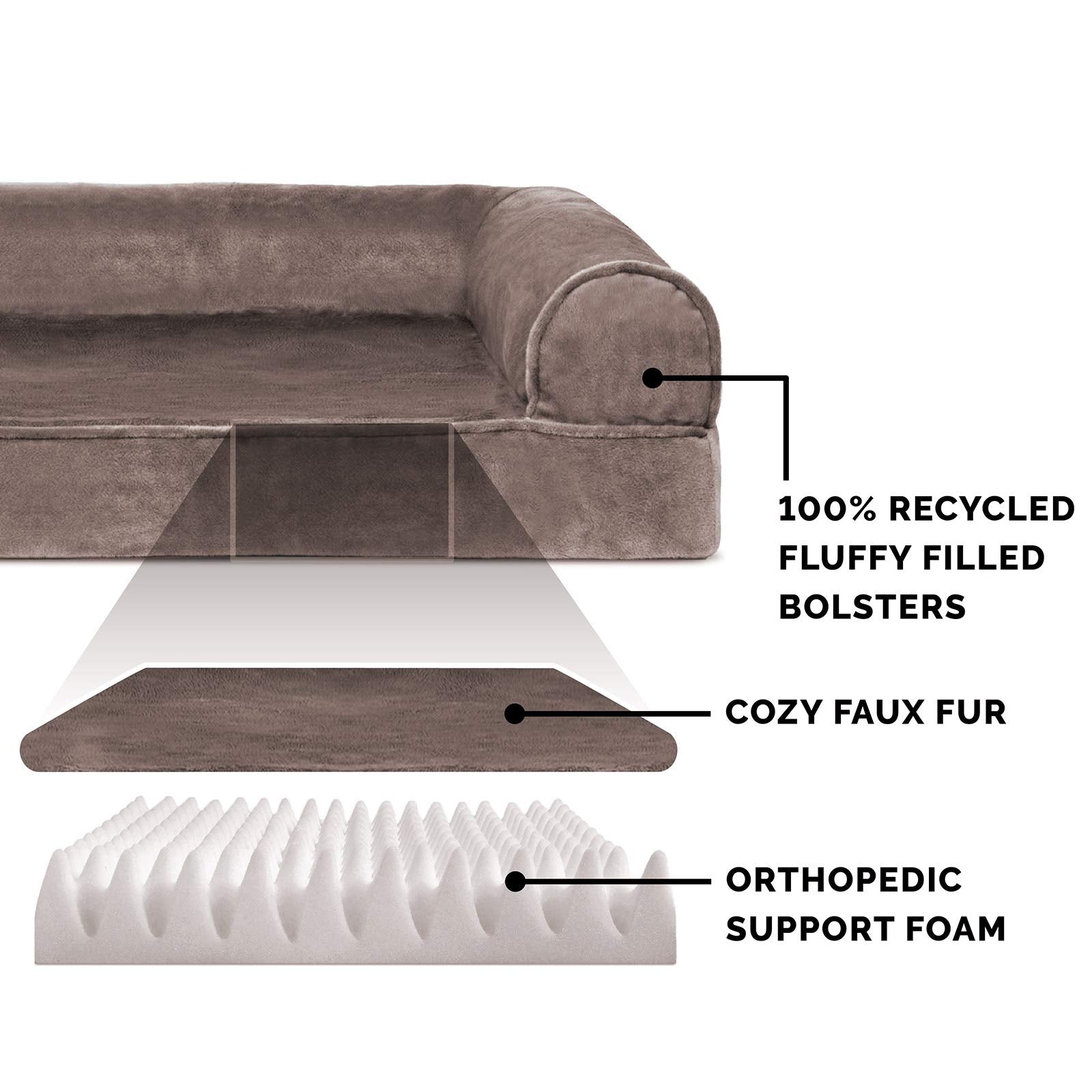 Furhaven Orthopedic Dog Bed For Large/Medium Dogs W/ Removable Bolsters & Washable Cover, For Dogs Up To 55 Lbs - Faux Fur & Velvet Sofa - Driftwood Brown, Large