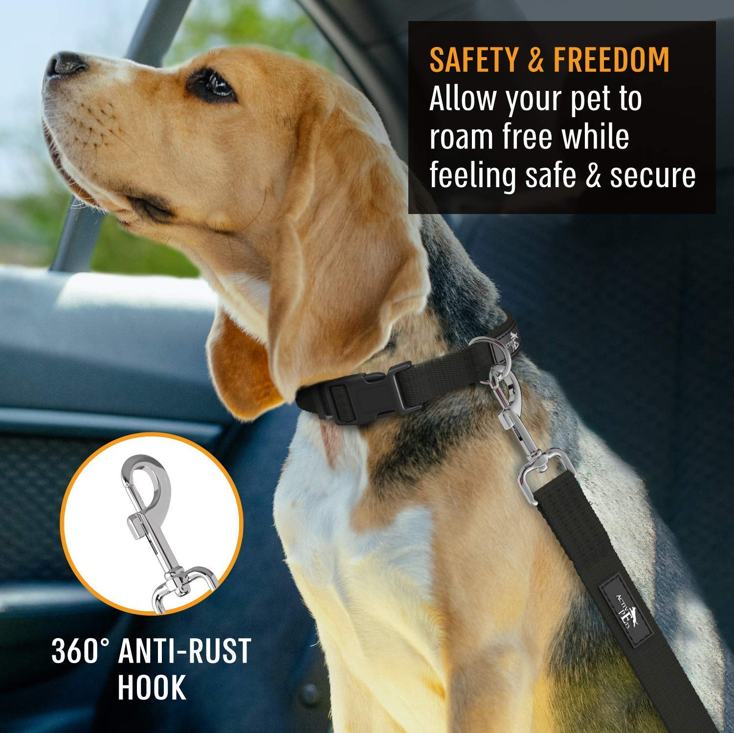 Active Pets Black Car Seat Belt for Dogs, Attaches to Harness & Collar, Adjustable 18 - 24 Travel Restraint System Fits Small -