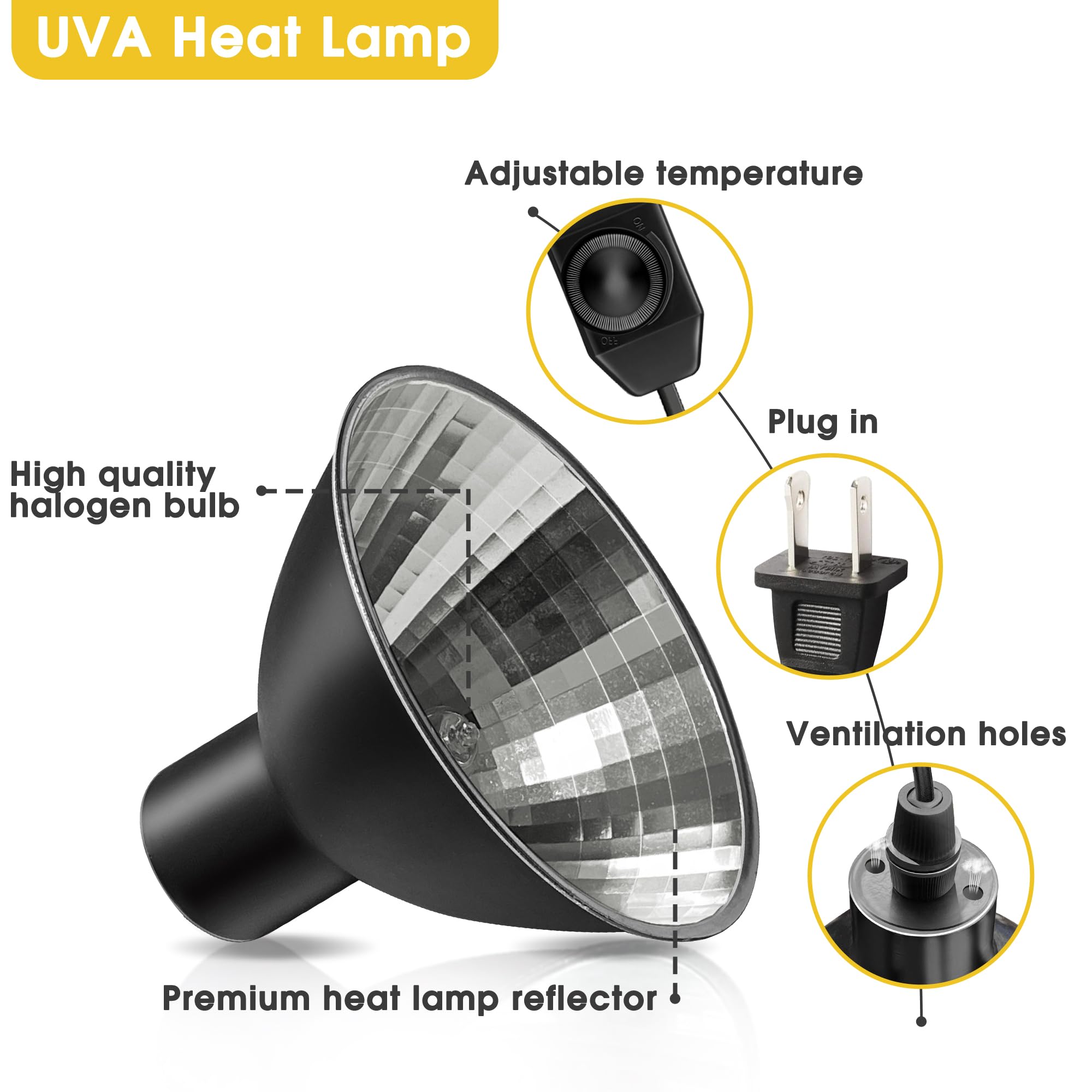 Reptile Heat Lamp 50W G9 Halogen Heat Bulb & Dome Reptile Light Fixture, Aluminum Reflector, UVA Basking Light for Reptiles, Dim