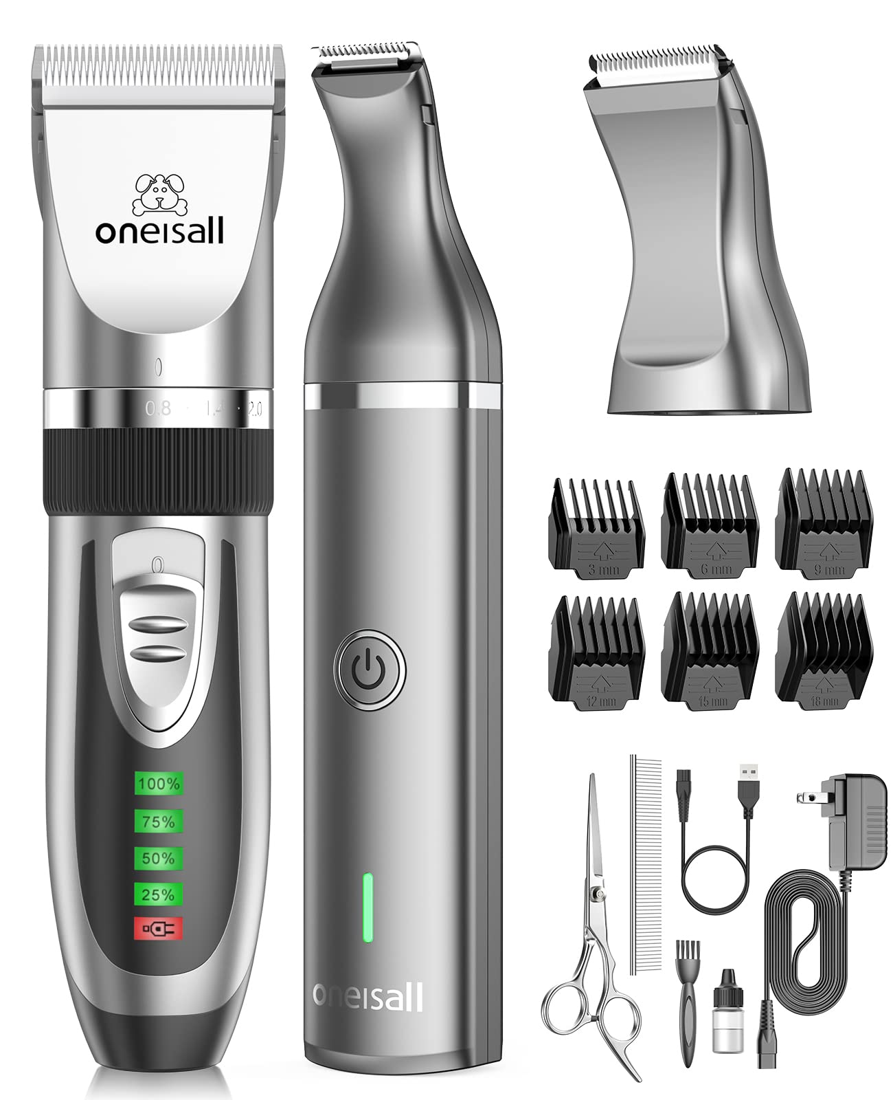 Oneisall 2 In 1 Pet Cat & Dog Grooming Kit - Quiet Cordless Dog Clippers & Paw Trimmer For Grooming Pet Hair
