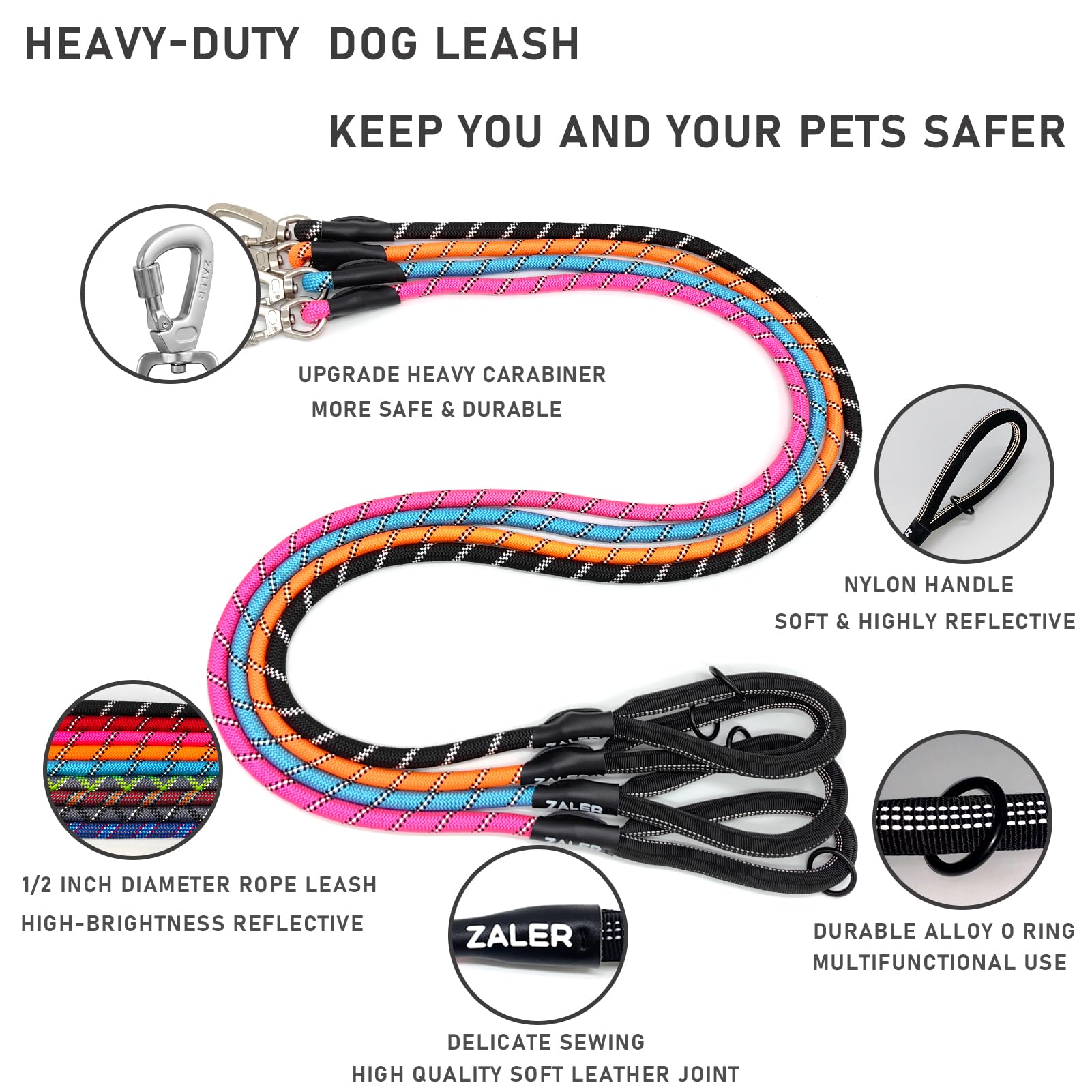 Zaler Rope Dog Leash, 4/5/6/10/15/20/30/50 Foot Reflective Dog Leashes With Carabiner, Heavy Duty Dog Lead For Large And Medium