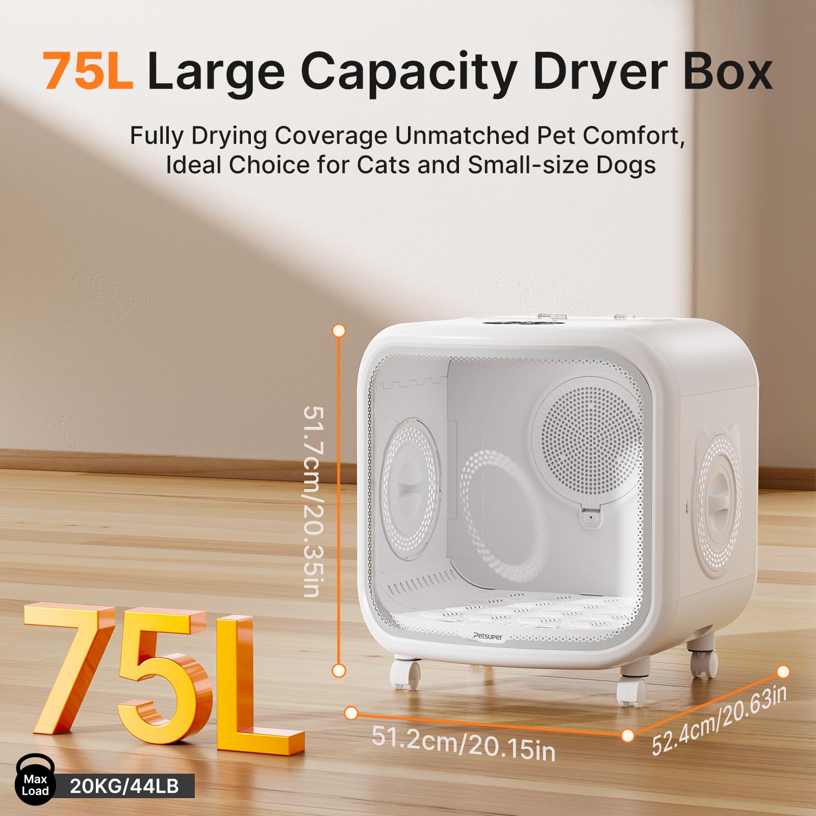 Petsuper Automatic Cat Dryer Box 75L Extra Large Capacity Ultra Quiet Fast Pet Hair Drying Box Smart App Control Temperature And