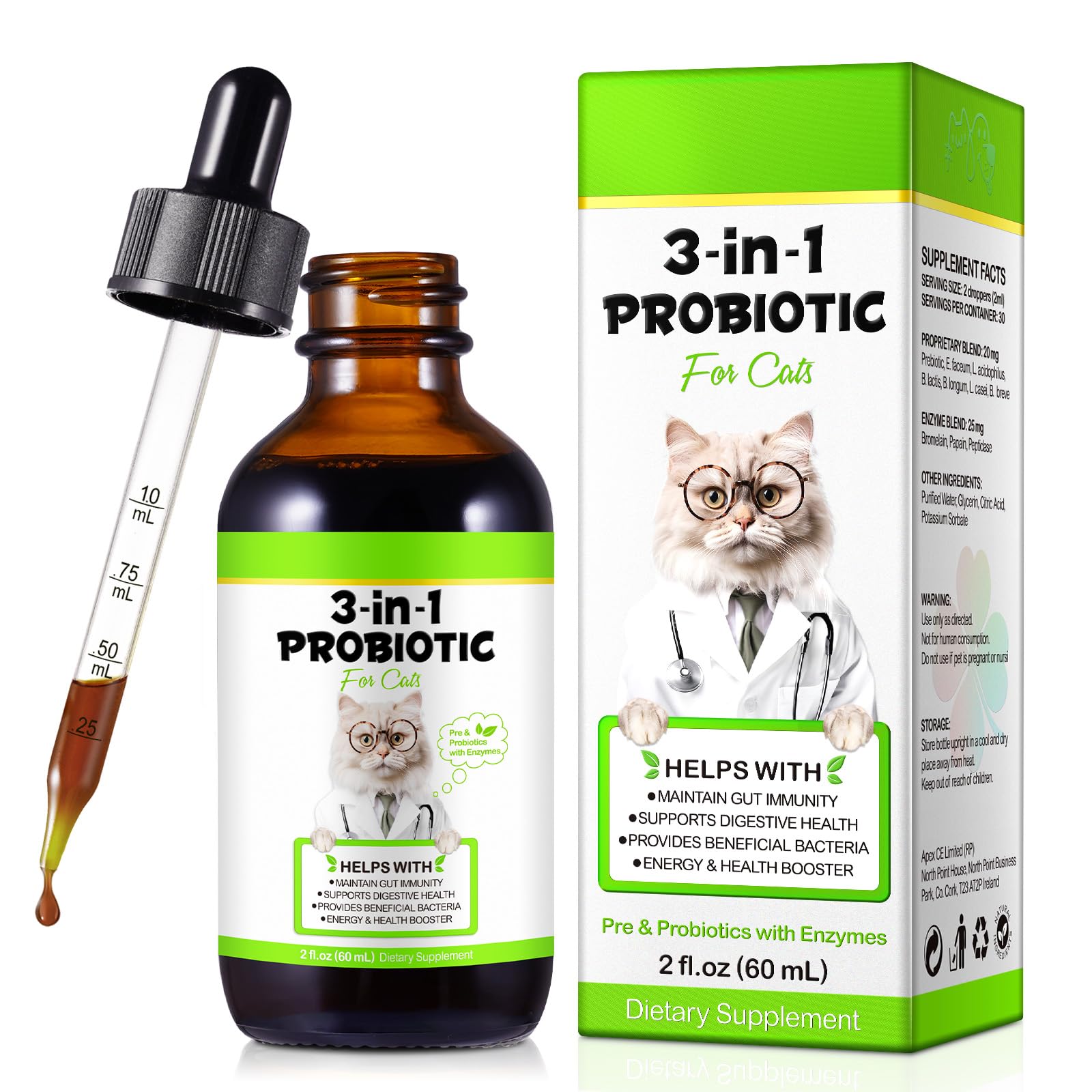 Probiotics for Cats, Cat Probiotic with Prebiotic and Enzymes, 3 in 1 Cat Probiotic Drops, Cats Probiotics Supplement Help Diges