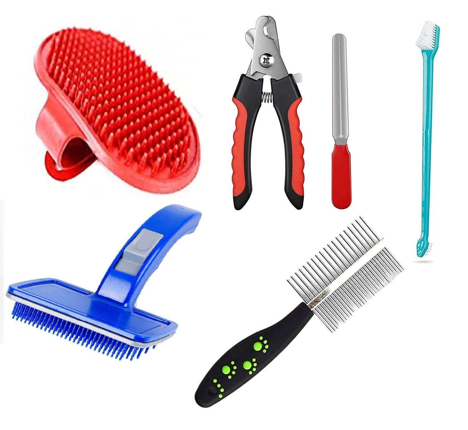Woofy Combo  6 in 1 Dog Grooming Kit Bath Brush + Toothbrush + Double Side Comb + Nail Cutter + Nail Filler + Pet Self Cleaning