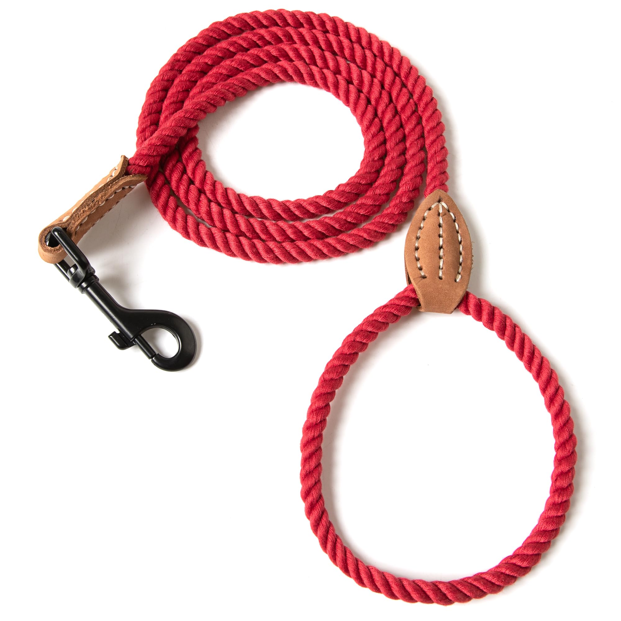 Mile High Life Dog Leash, Braided Cotton Rope Leashes With Leather Tip - Heavy Duty Metal Clasp, 6Ft, 1/3'' Thick - Wedding, Wal