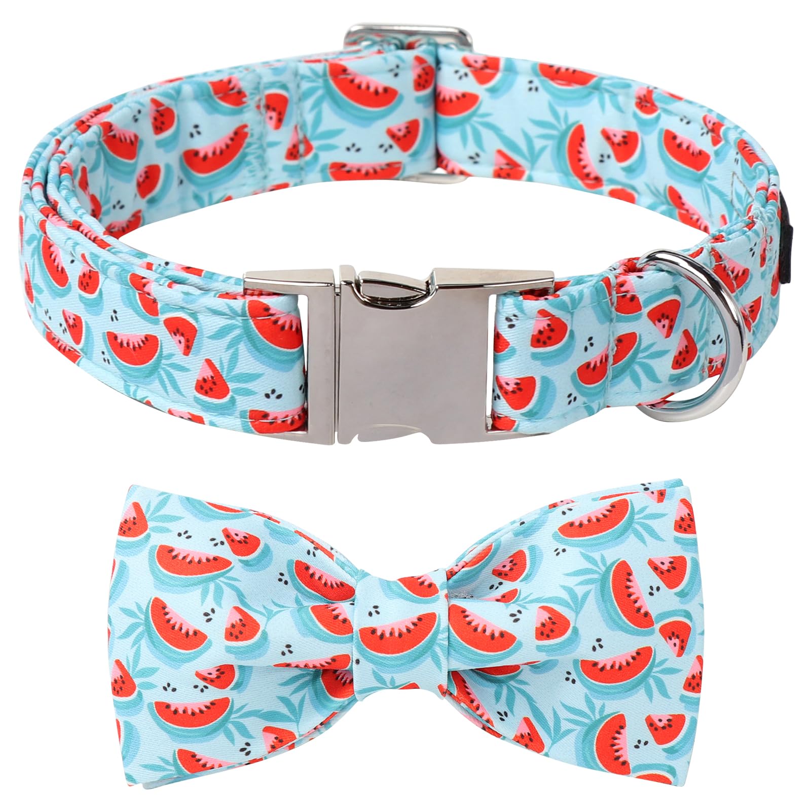 Lionet Paws Watermelon Dog Collar With Bowtie, Cute Summer Cyan Dog Collar For Girl For Medium Dogs, Adjustable Cotton Pet Colla