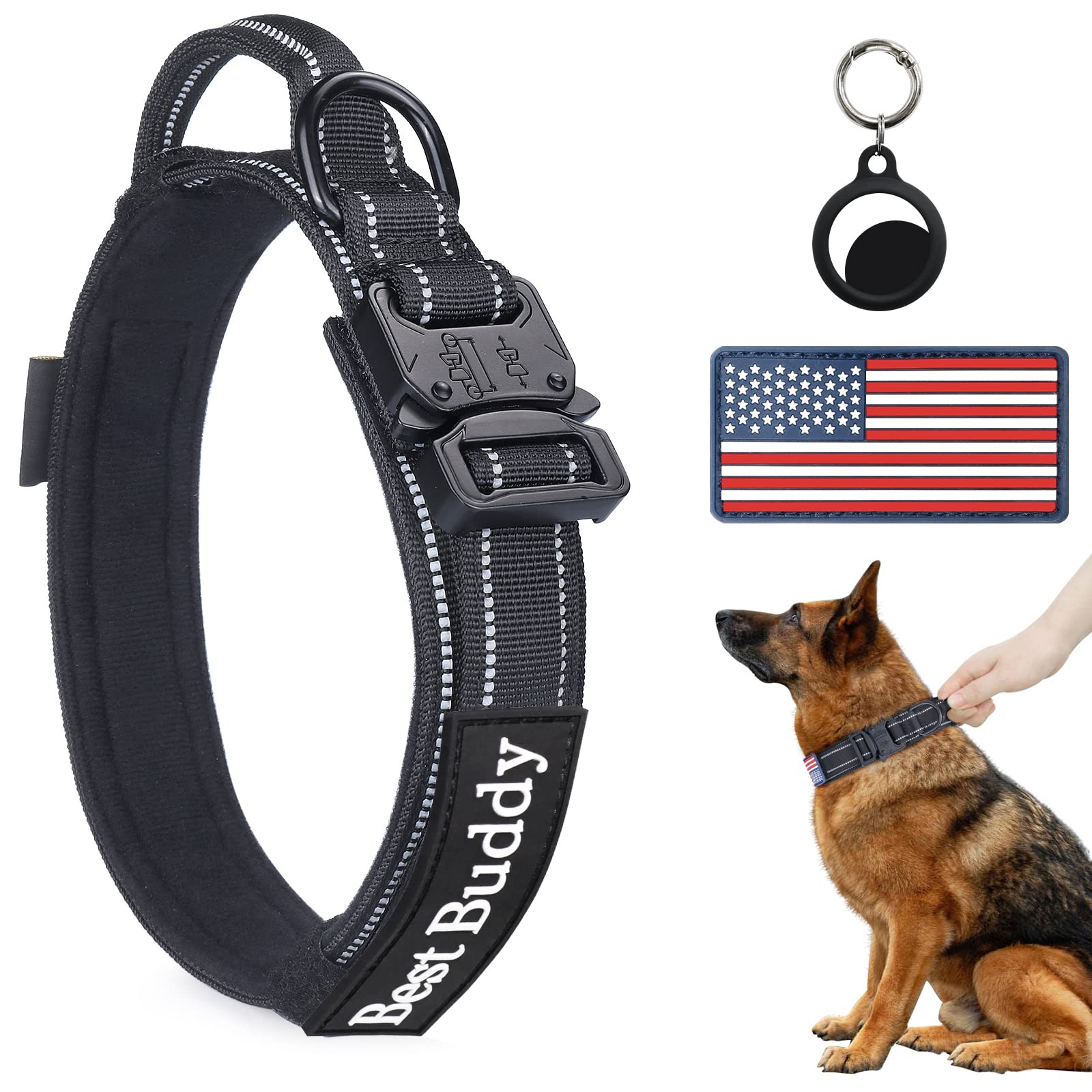 Reflective Dog Collar, Aubeel Tactical Dog Collar For Medium Large Dogs, Heavy Duty Dog Collars With Handle And Metal Buckle Great For German Shepherd, With Airtag Holder And 2 Patches(Black, L)