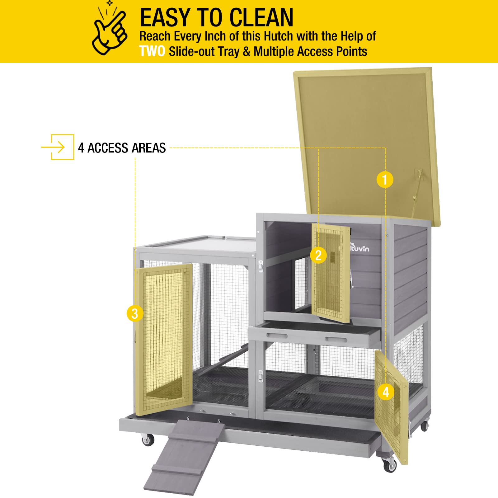 Aivituvin Rabbit Hutch Large Wooden Bunny House Guinea Pig Cages On Wheels, Two Trays, Indoor Outdoor