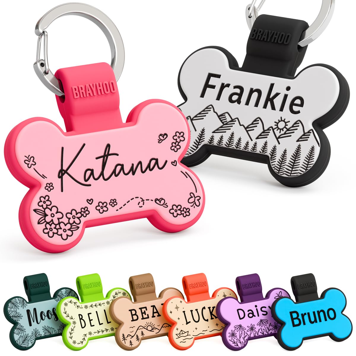 Brayhoo Dog Tags Personalized for Pets - Custom Deeply Engraved, Lightweight, Silent Silicone Name ID Tags - No More Jingling