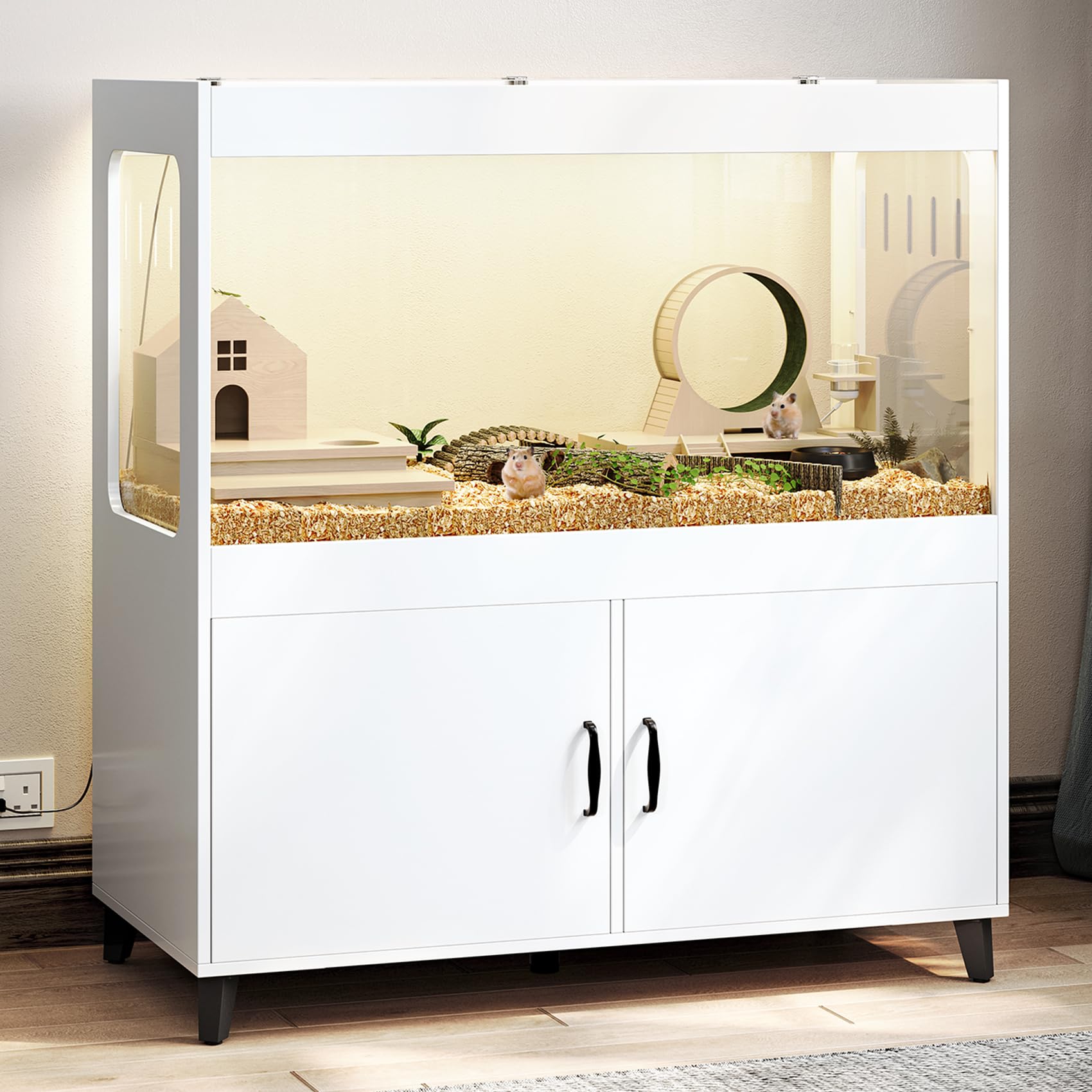 Tc-Homeny Large Hamster Cage Cabinet With Storage, Hamster Cage With Led Lights Easy 360 View Acrylic Panels, Small Animal Cage 