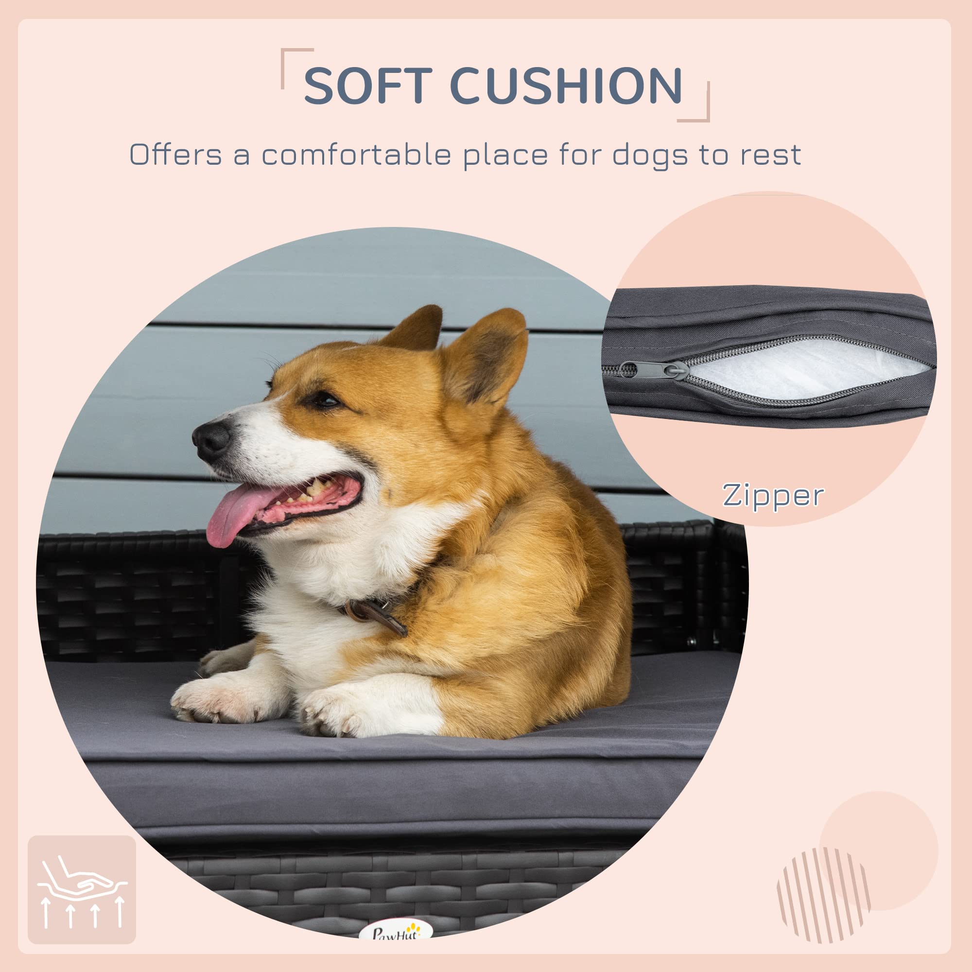 PawHut Wicker Dog House Elevated Raised Rattan Bed for Indoor/Outdoor with Removable Cushion Lounge, Grey