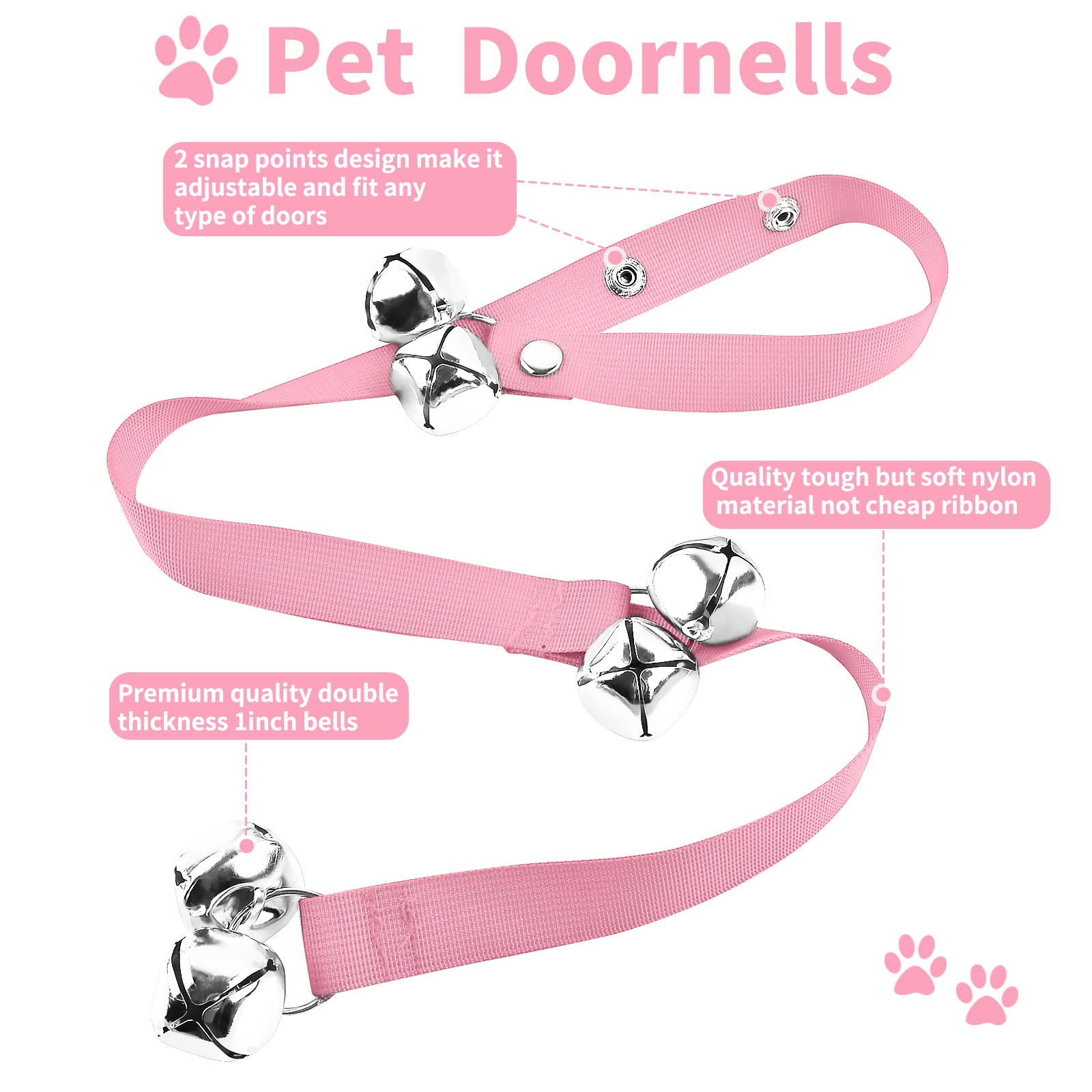 Jimejv 2 Pack Dog Doorbells, Pet Training Bells For Go Outside Potty Training And Communication Device Large Loud Dog Bell Cat Puppy Interactive Toys Adjustable Strap Door Bell (Pink)