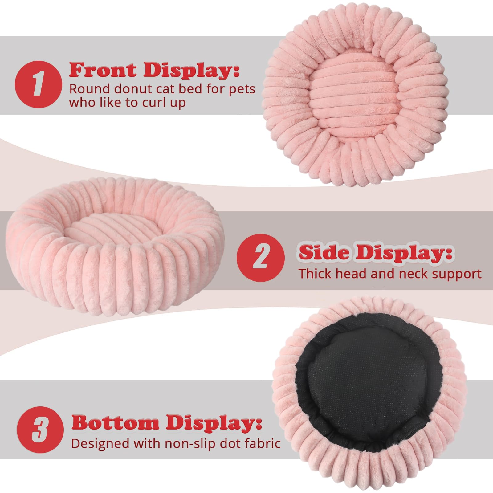 Donut Small Dog Bed Washable Cute Puppy Beds With Corduroy Fleece & Anti Slip Bottom, Round Faux Fur Pet Snuggle Beds For Large