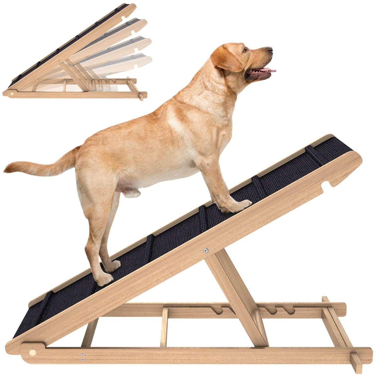 Adjustable Dog Ramp For All Dogs And Cats - Folding Portable Pet Ramp For Couch Or Bed With Non Slip Paw Traction Mat, 40”Long And Height Adjustable From 10”To 24” - Up To 250 Lbs Natural