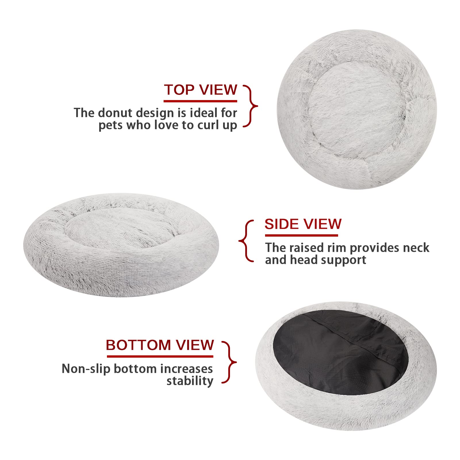 Bedfolks Calming Donut Dog Bed, 30 Inches Round Fluffy Dog Beds For Medium Dogs, Anti-Anxiety Plush Dog Bed, Machine Washable Pet Bed (Light Grey, Medium)