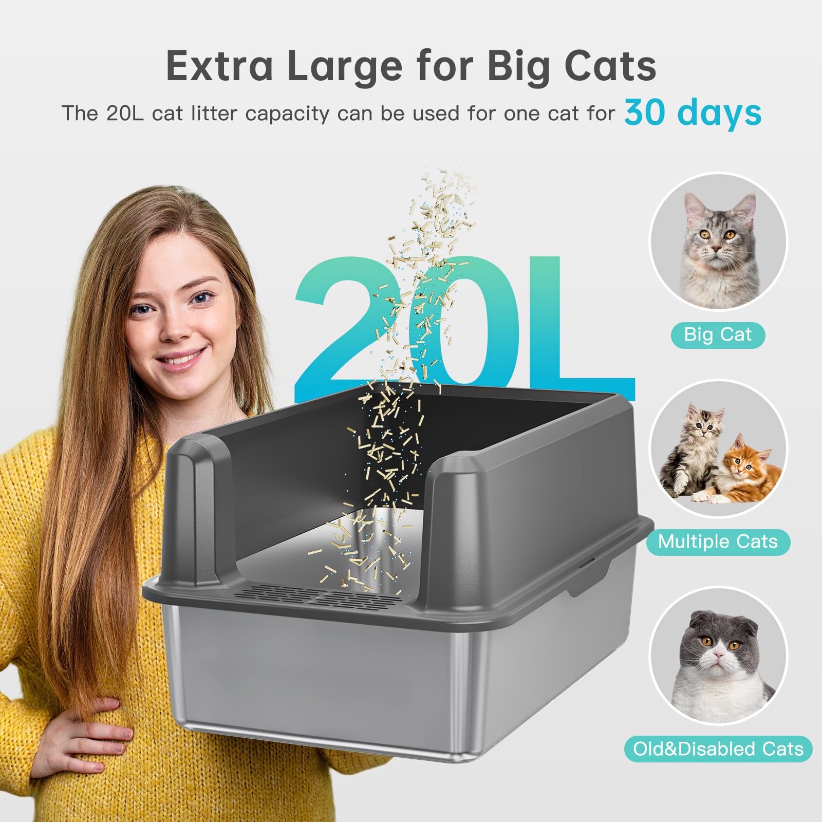 Woofigo Enclosed Stainless Steel Cat Litter Box With Lid, Xl Extra Large Litter Box For Big Cats, Metal Litter Box High Sided, Never Absorbs Odors, Anti-Urine Leakage, Easy Cleaning, Include Scoop