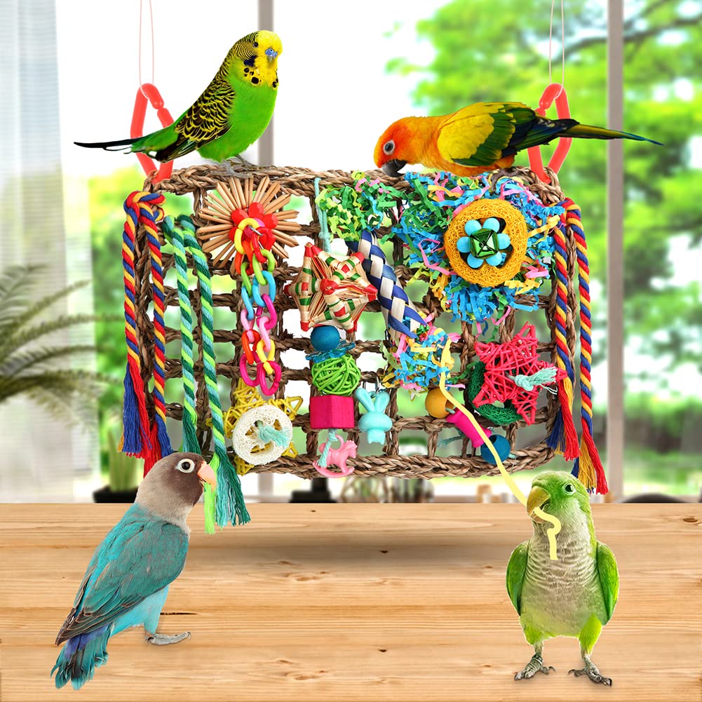 Bird Toys Bird Foraging Toys For Parakeets Cockatiel Conures Lovebirds Bird Foraging Shredding Seagrass Wall With Various Toys F