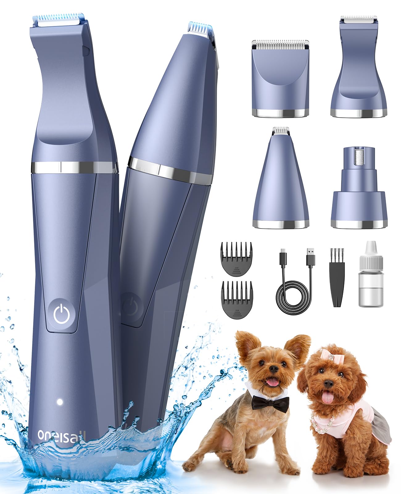 Oneisall Dog Clippers Grooming Kit 4 In 1, Low Noise Dog'S Paw Trimmer&Nail Grinder,Ipx7 Waterproof Cordless Puppy Trimmer Shave