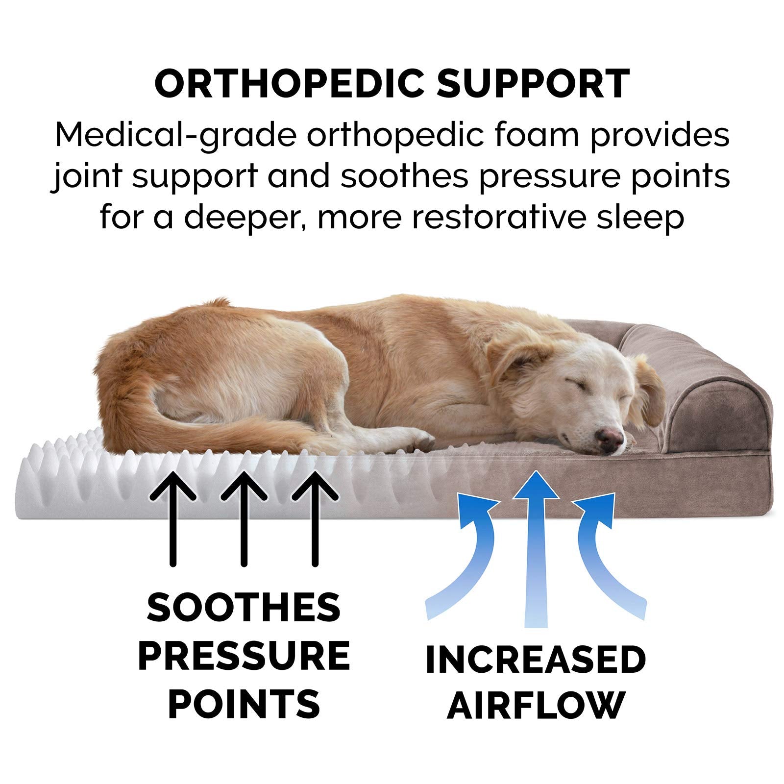 Furhaven Orthopedic Dog Bed For Large/Medium Dogs W/ Removable Bolsters & Washable Cover, For Dogs Up To 55 Lbs - Faux Fur & Velvet Sofa - Driftwood Brown, Large