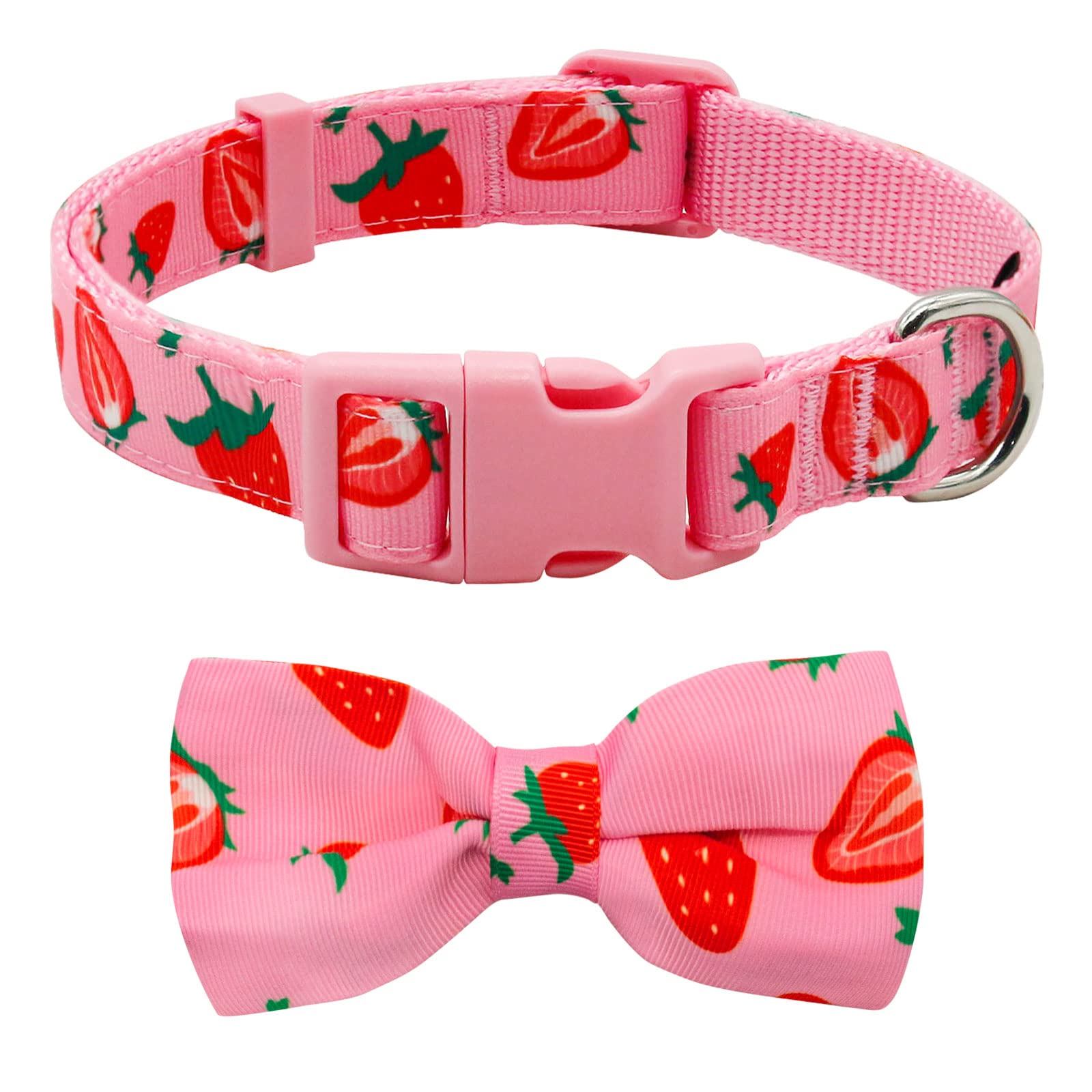 Azuza Dog Collar Bow Tie, Lovely Pink Strawberry Dog Collars With Bowtie For Extra Small Dogs