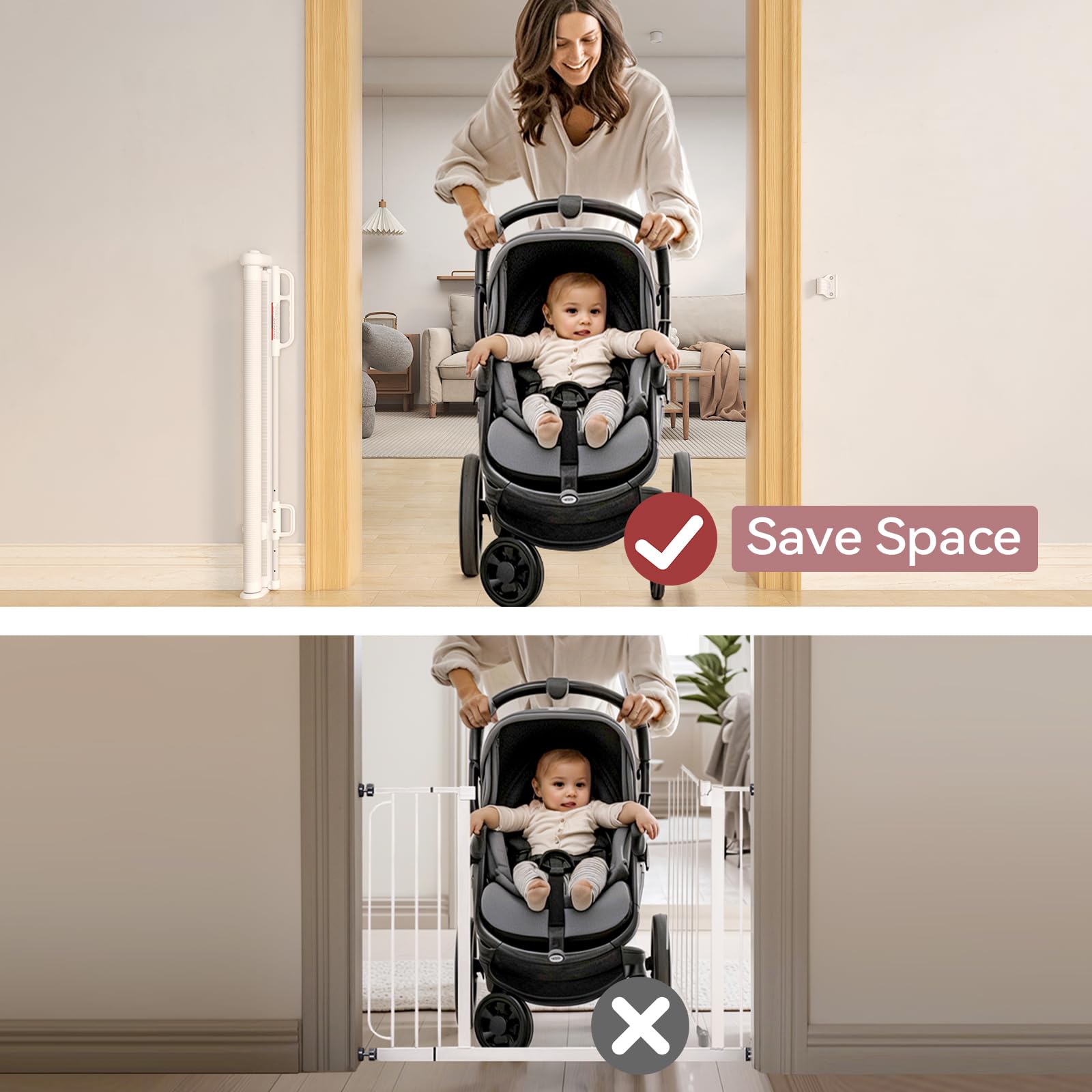 Momcozy Retractable Baby Gate - 33" Tall, 55" Wide Mesh Safety Gate for Indoor/Outdoor Use, White, Model USVC-AM07-W