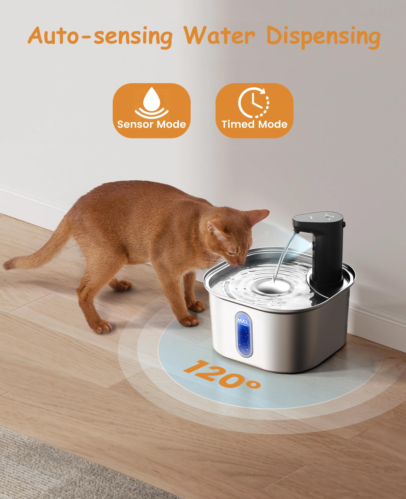 Cat Water Fountain Cordless Stainless Steel 304, 3.2L 108Oz, 6-Layer Filter, 5000Mah Rechargeable Battery Operated Cat Water Fou