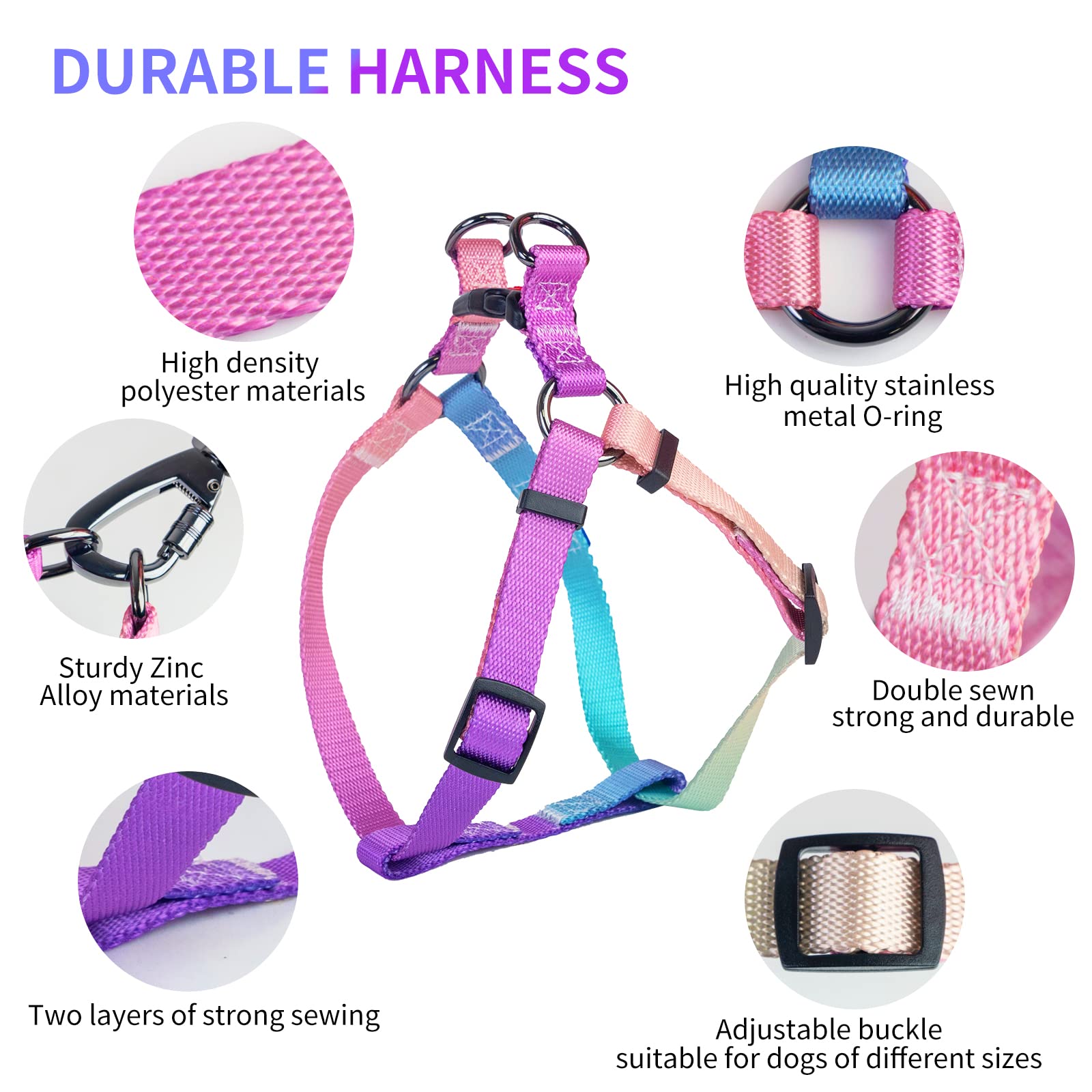 Aiitle Step In Dog Harness Collar Leash Set - Adjustable Heavy Duty No Pull Halter Harness - Buckle With Locking System,Double D Ring - Walking Running For Small Medium Large Dogs,Pink Gradient L
