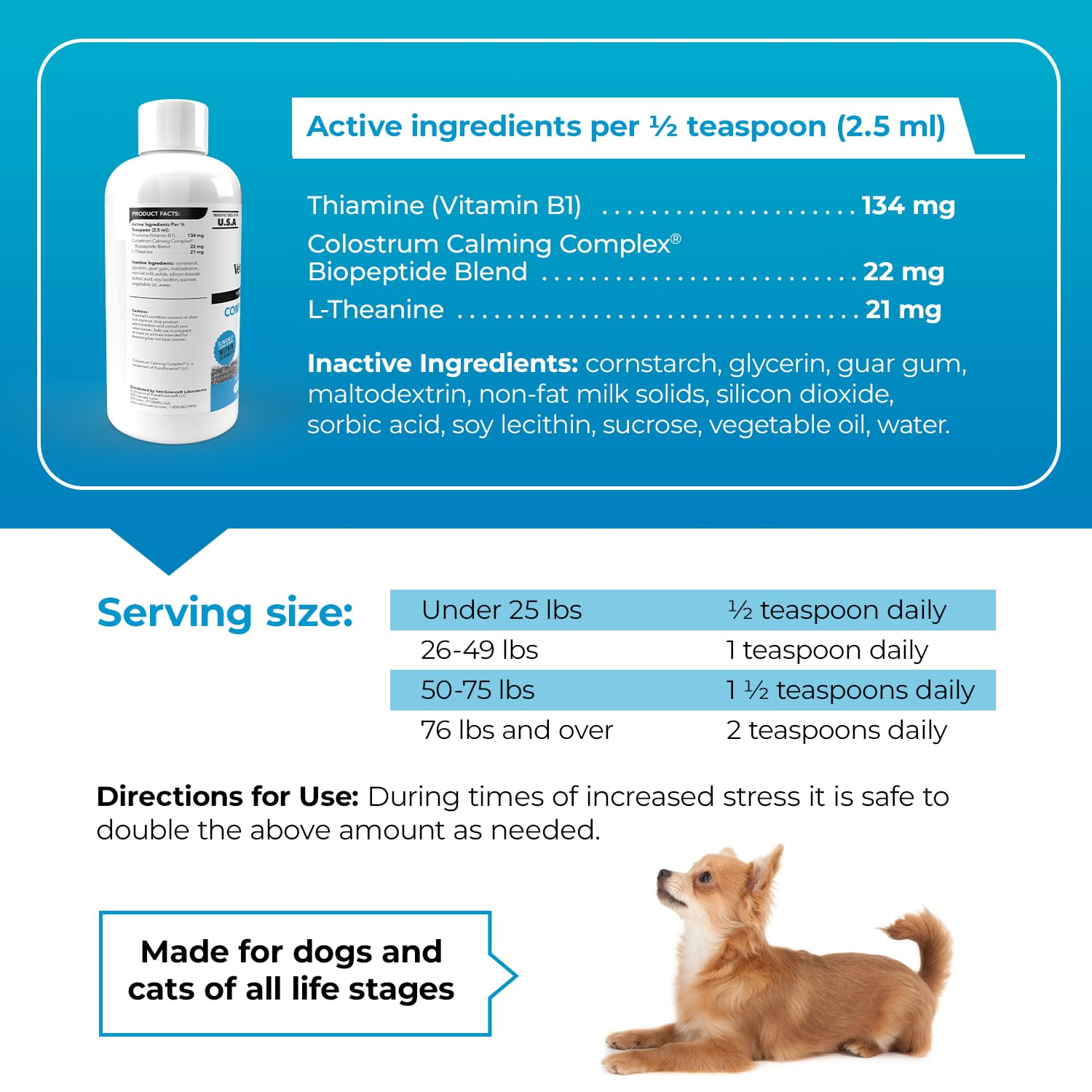 VetriScience Composure Max Liquid Formula - Clinically Proven Dog Calming and Cat Calming Supplement with Colostrum, L-Theanine