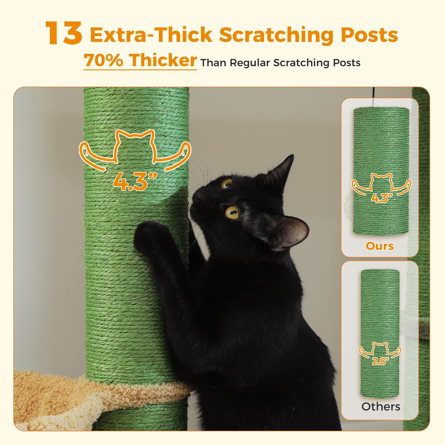 Muttros Cactus Cat Tree For Large Indoor Cats - 67 Tall Cat Tower With 13 Thick (F4.3In) Scratching Posts, Spacious Top Bed, M