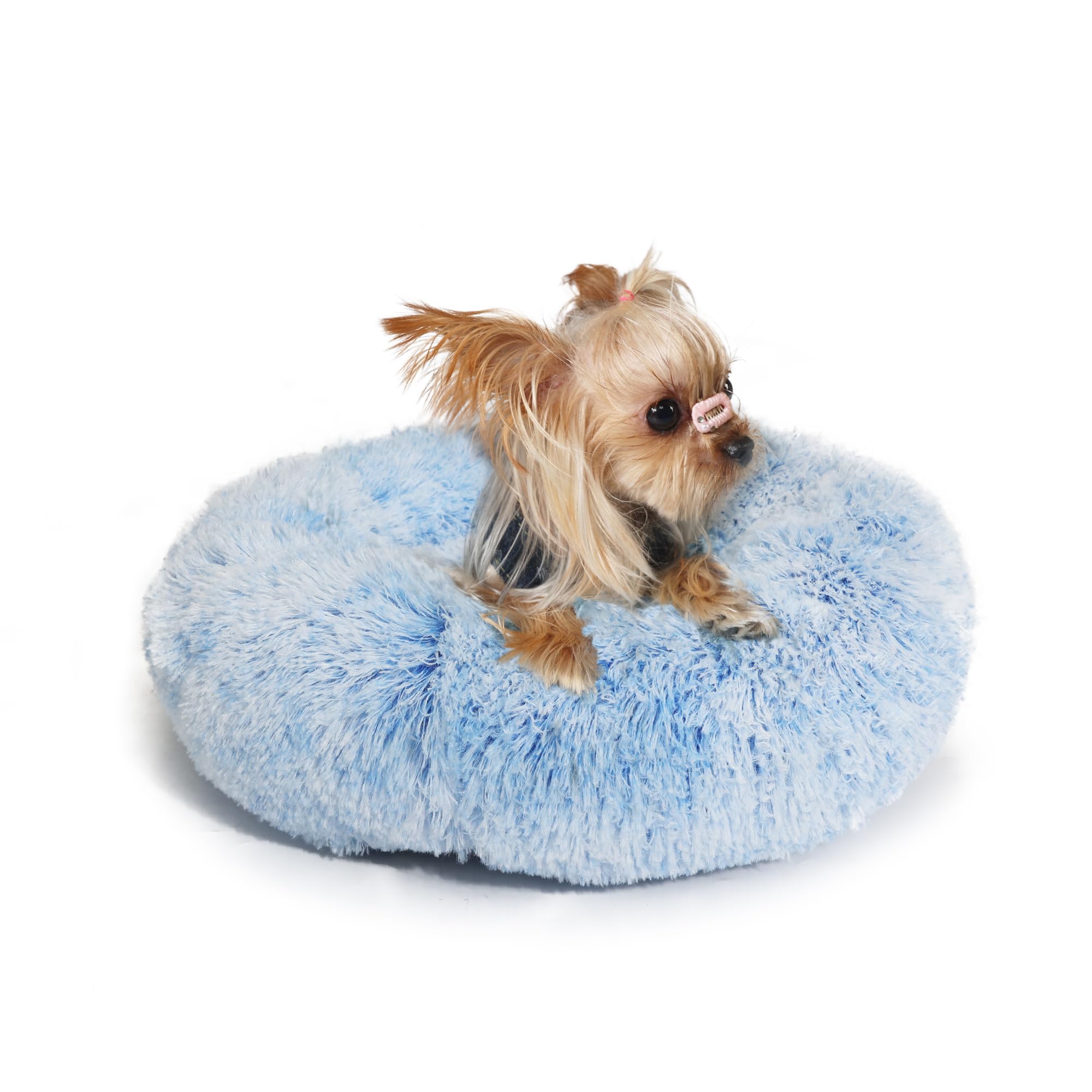 Blue and White Dog Bed Small Washable,Calming Dog Bed for Small Dogs,15 inches Donut Fluffy Pet Beds,Anti Anxiety Round Fits up