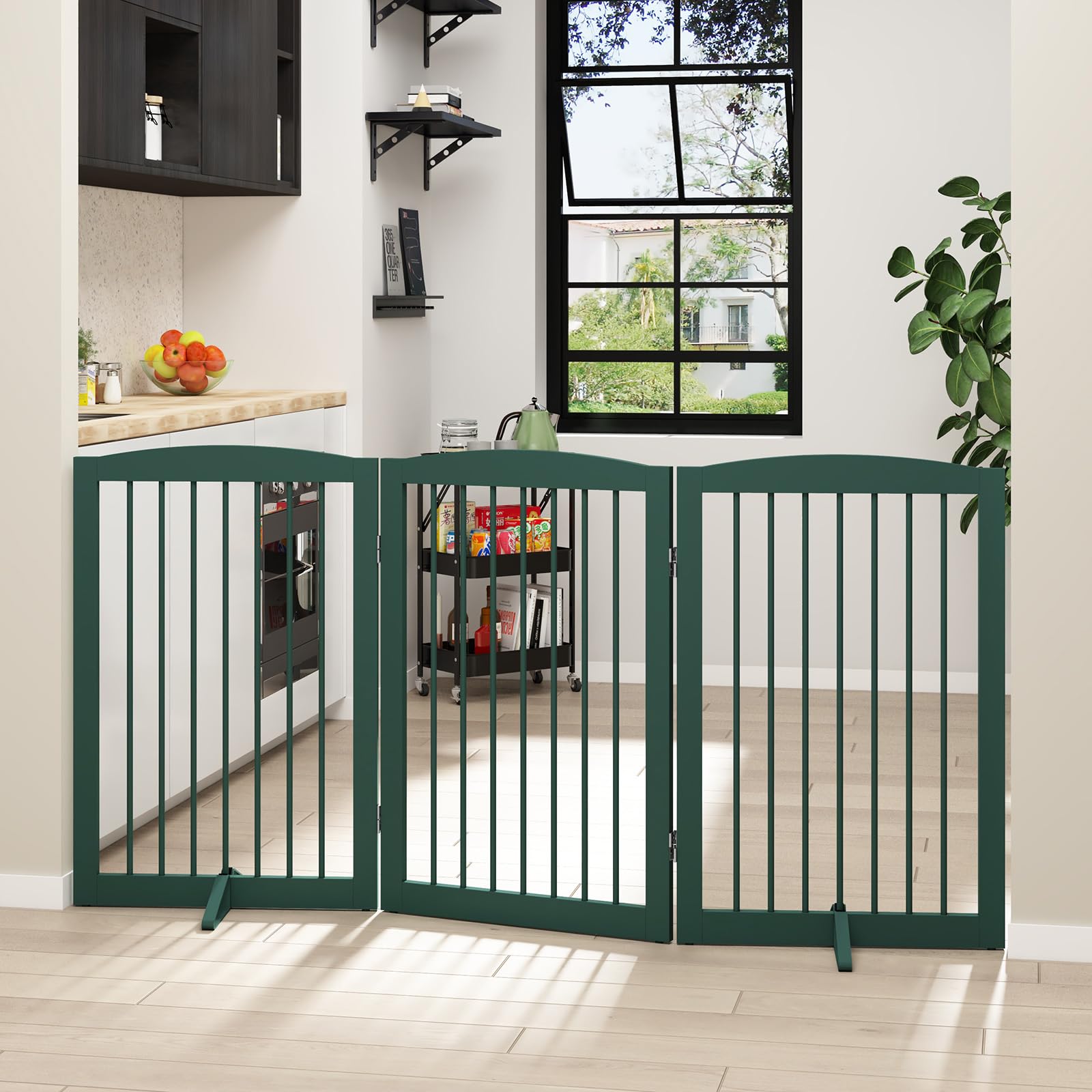 PUPETPO Freestanding Pet Gate for Dogs, Foldable Wooden Dog Gate for House Indoor, Step Over Pet Puppy Safety Fence for Stair, D