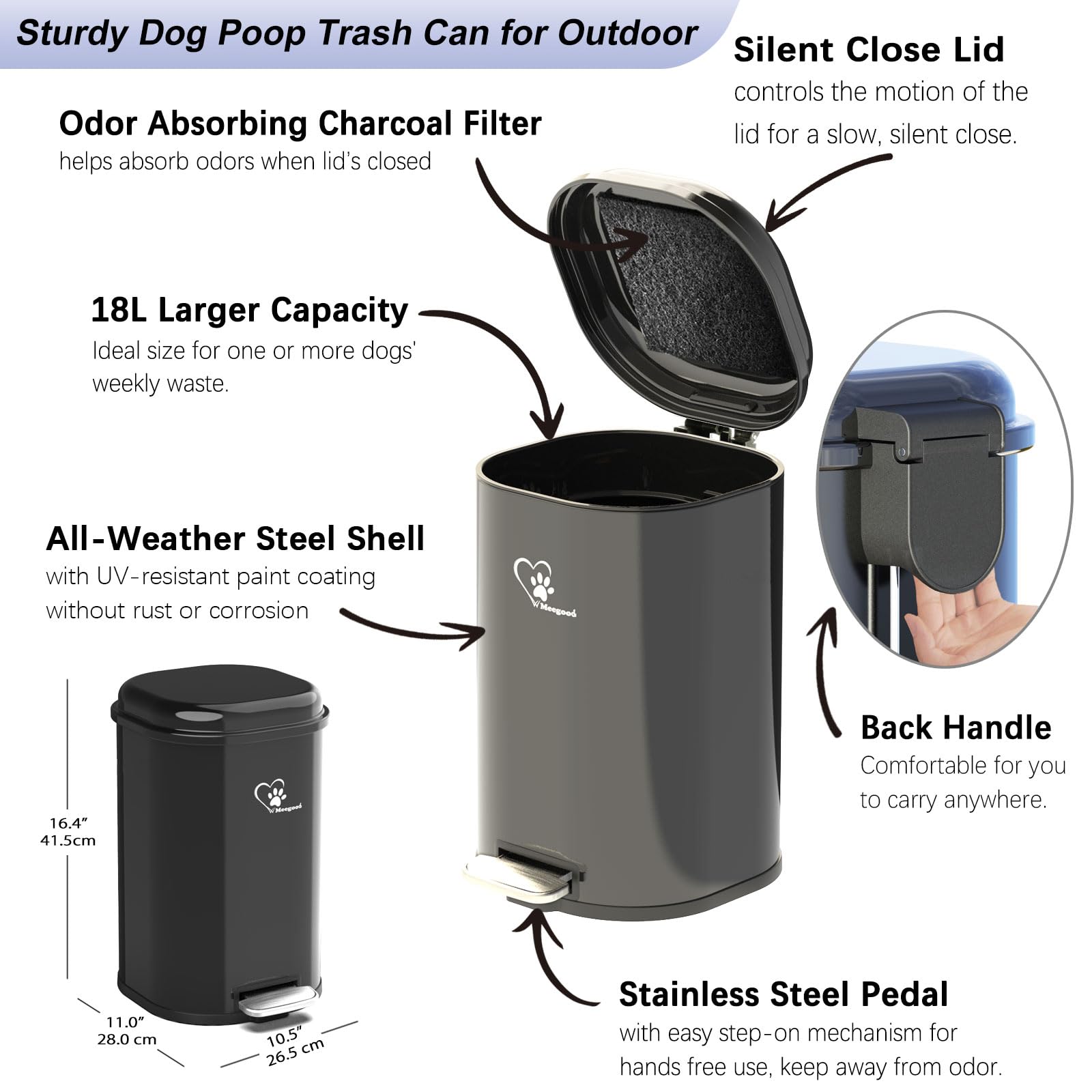 Meegood Dog Poop Trash Can Outside, Waste Bin with Lid and Removable Inner,Metal Rake Pooper Scoope,Odor Control for Indoor/Outd