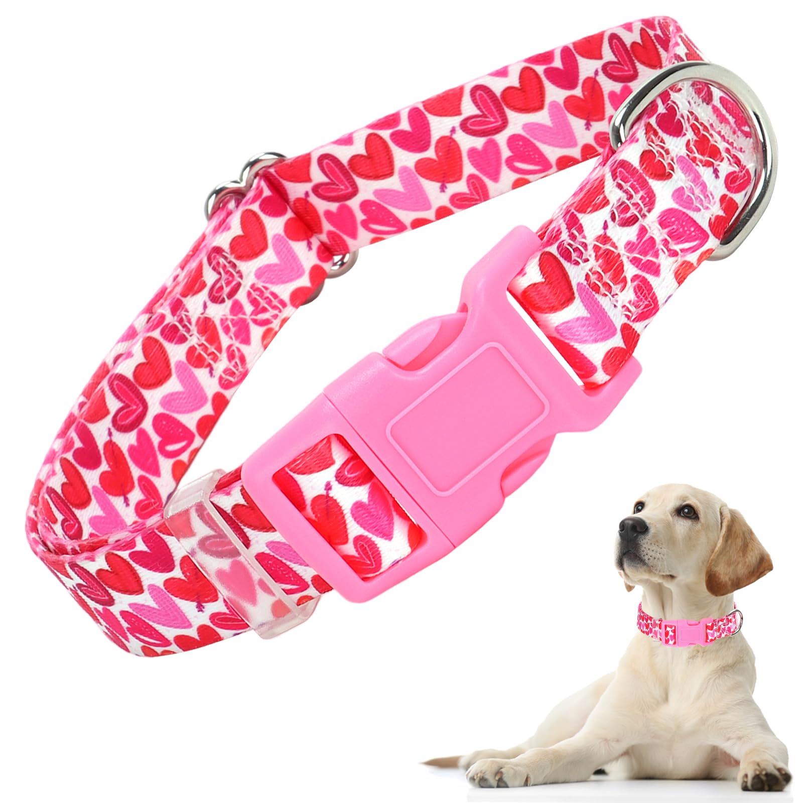 Pink Dog Collar For Puppy Dogs With Love Heart Patterns For Girl & Boy Dogs, Cute Dog Collar Adjustable Heavy Duty Collar With Q