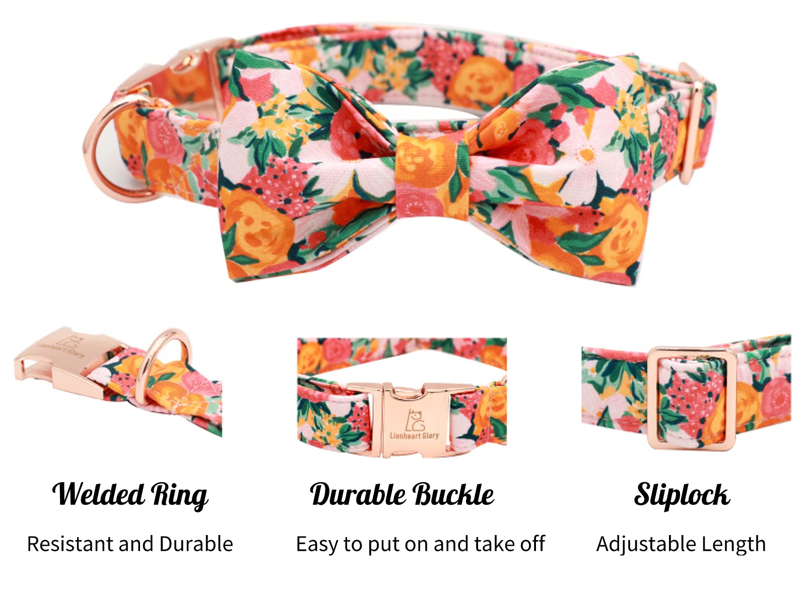 Lionheart Glory Premium Floral Dog Collars, Bowtie Dog Collar, Adjustable Heavy Duty Girl Dog Collar With Bow For Large Dogs