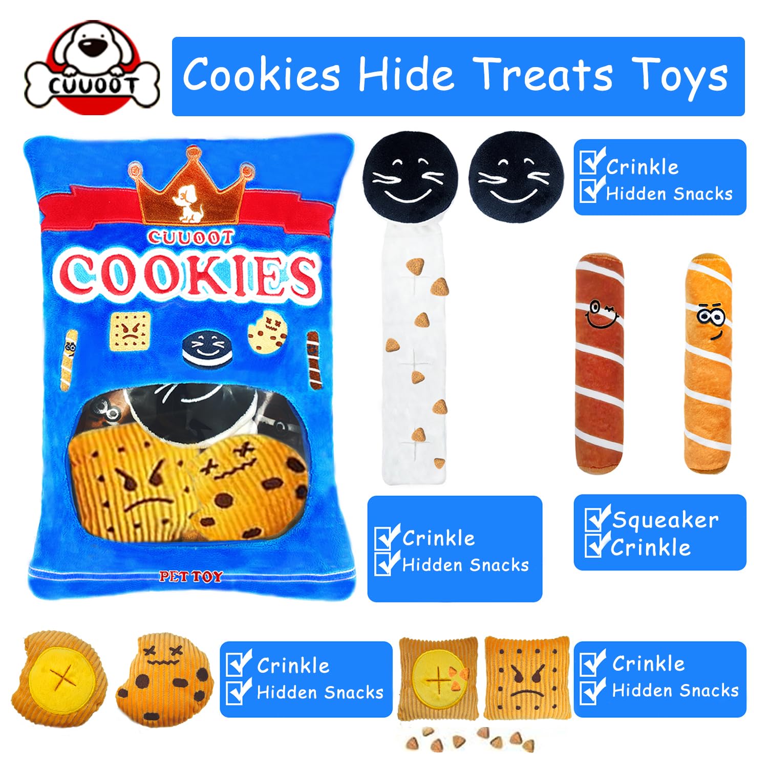 CUUOOT Treat Dispensing Dog Toys, Crinkle Squeaky Interactive Dog Toys, Enrichment Treat Puzzle Dog Toy for Medium, and Large Do